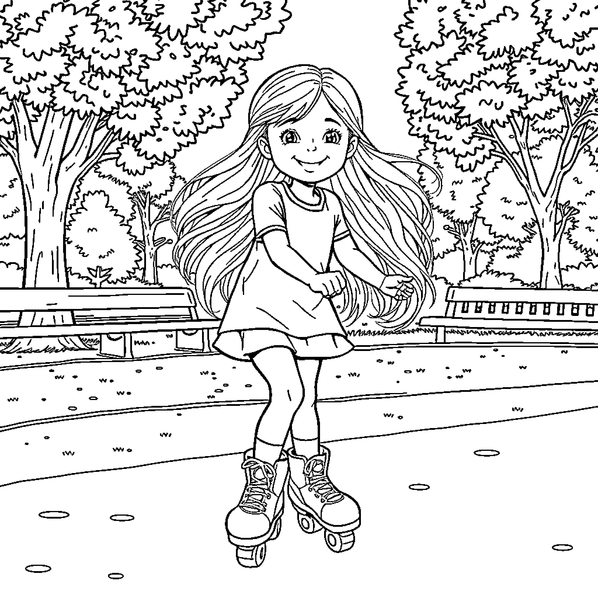 Girl enjoys roller skating in the park Coloring Page (free black-and-white line drawing printable PDF for all, from beginners to advanced learners, including children, teens, adults, and seniors)