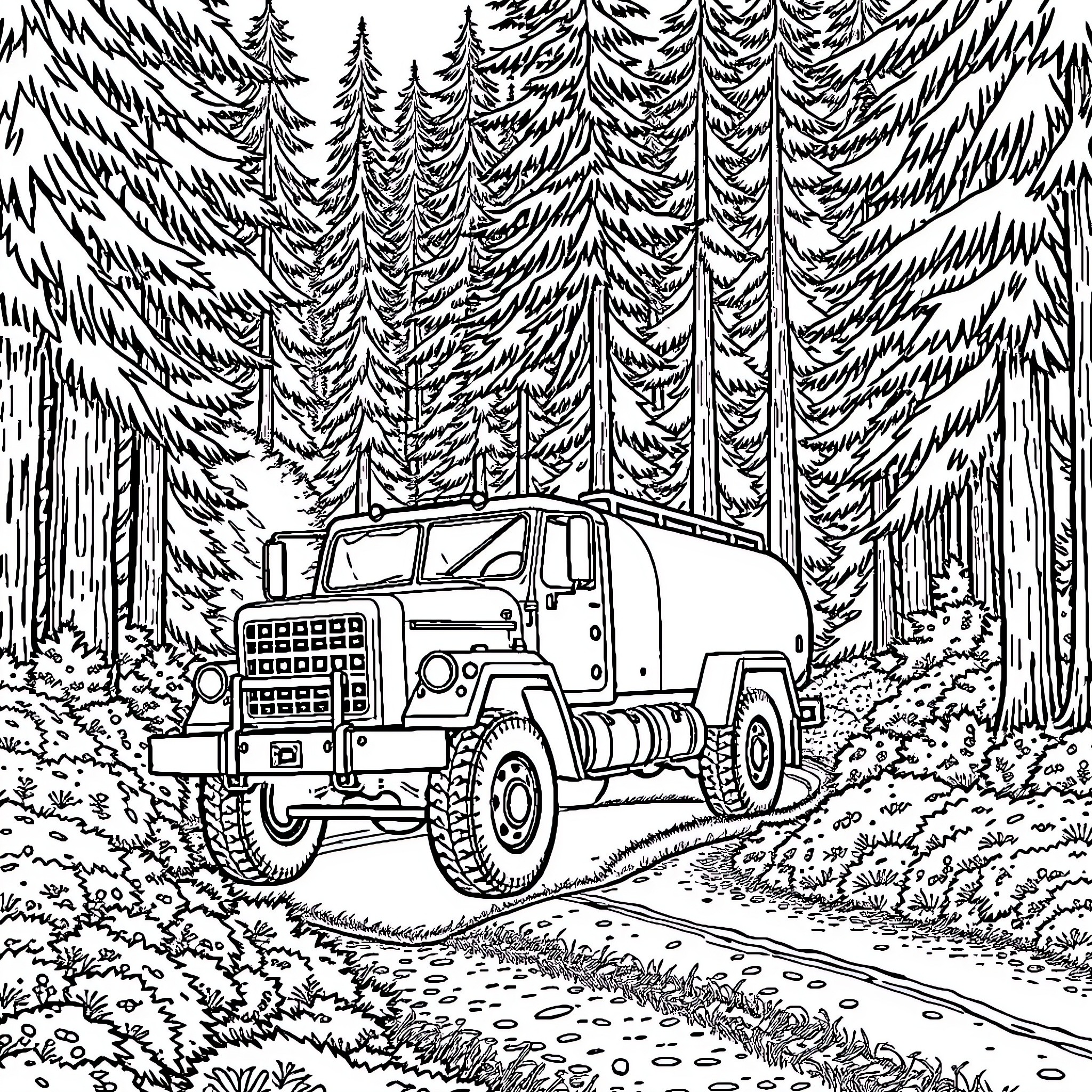 Gas Truck navigating through the rugged forest Coloring Page (free black-and-white line drawing printable PDF for all, from beginners to advanced learners, including children, teens, adults, and seniors)