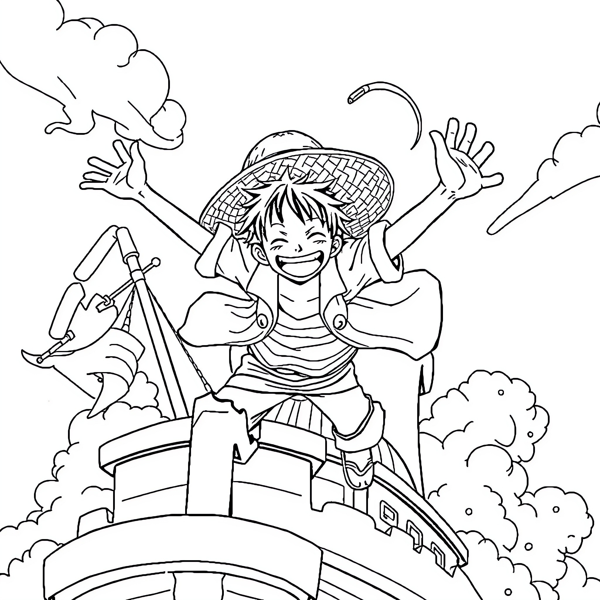 Luffy's Exhilarating Adventure on the High Seas Coloring Page (free black-and-white line drawing printable PDF for all, from beginners to advanced learners, including children, teens, adults, and seniors)
