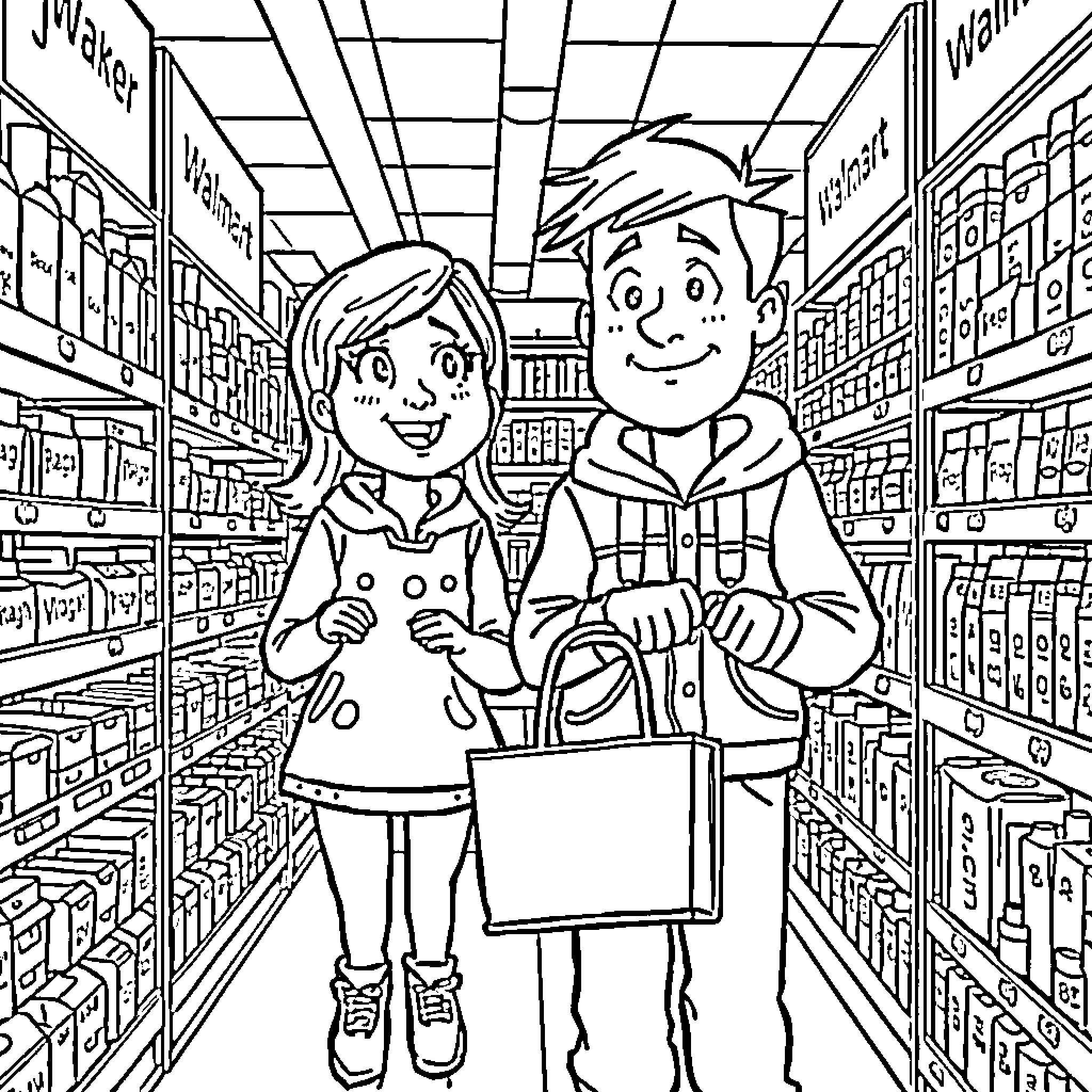 Jack and Sally shopping together in the grocery store Coloring Page (free black-and-white line drawing printable PDF for all, from beginners to advanced learners, including children, teens, adults, and seniors)
