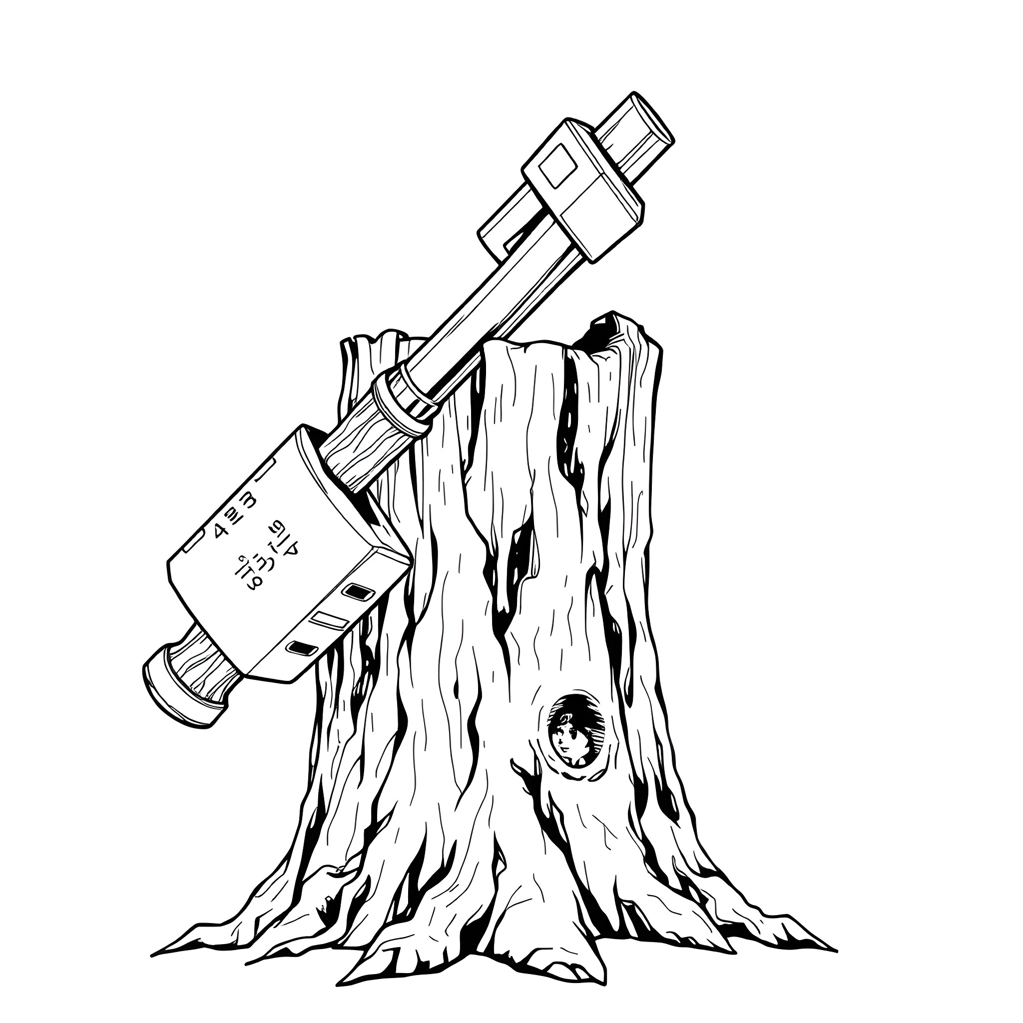 Hammer stuck in wooden stump Coloring Page (free black-and-white line drawing printable PDF for all, from beginners to advanced learners, including children, teens, adults, and seniors)