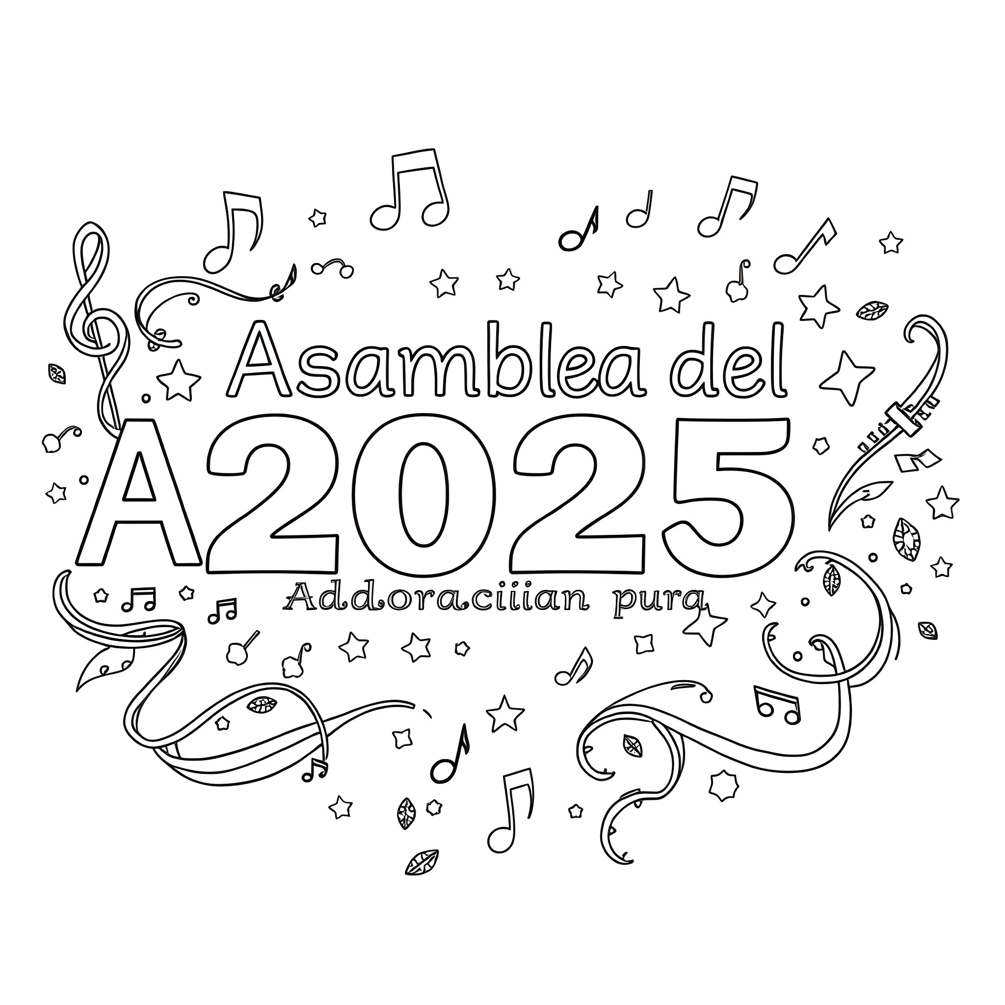 Text with musical notes and stars Coloring Page (free black-and-white line drawing printable PDF for all, from beginners to advanced learners, including children, teens, adults, and seniors)