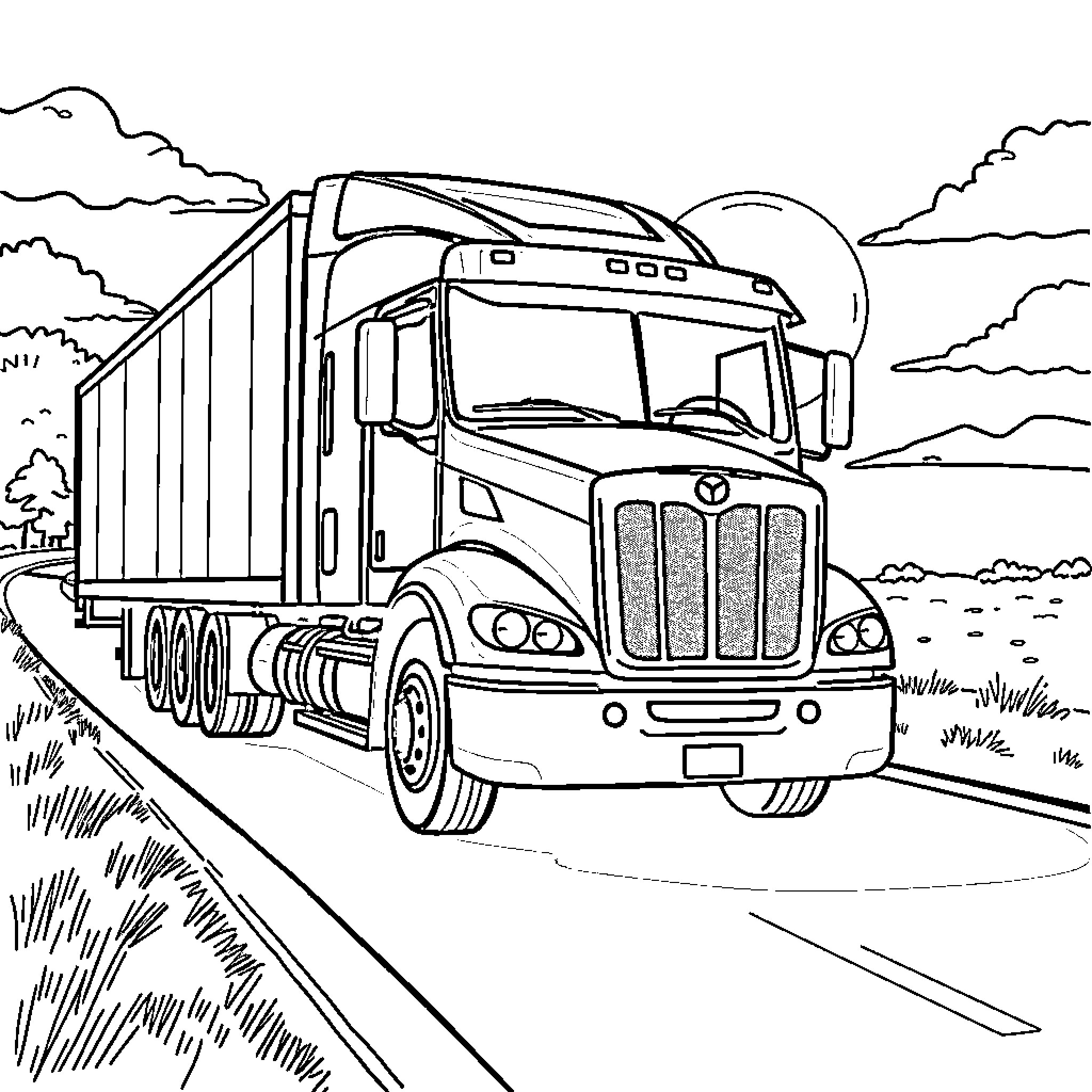 Truck transporting cargo on a winding road Coloring Page (free black-and-white line drawing printable PDF for all, from beginners to advanced learners, including children, teens, adults, and seniors)