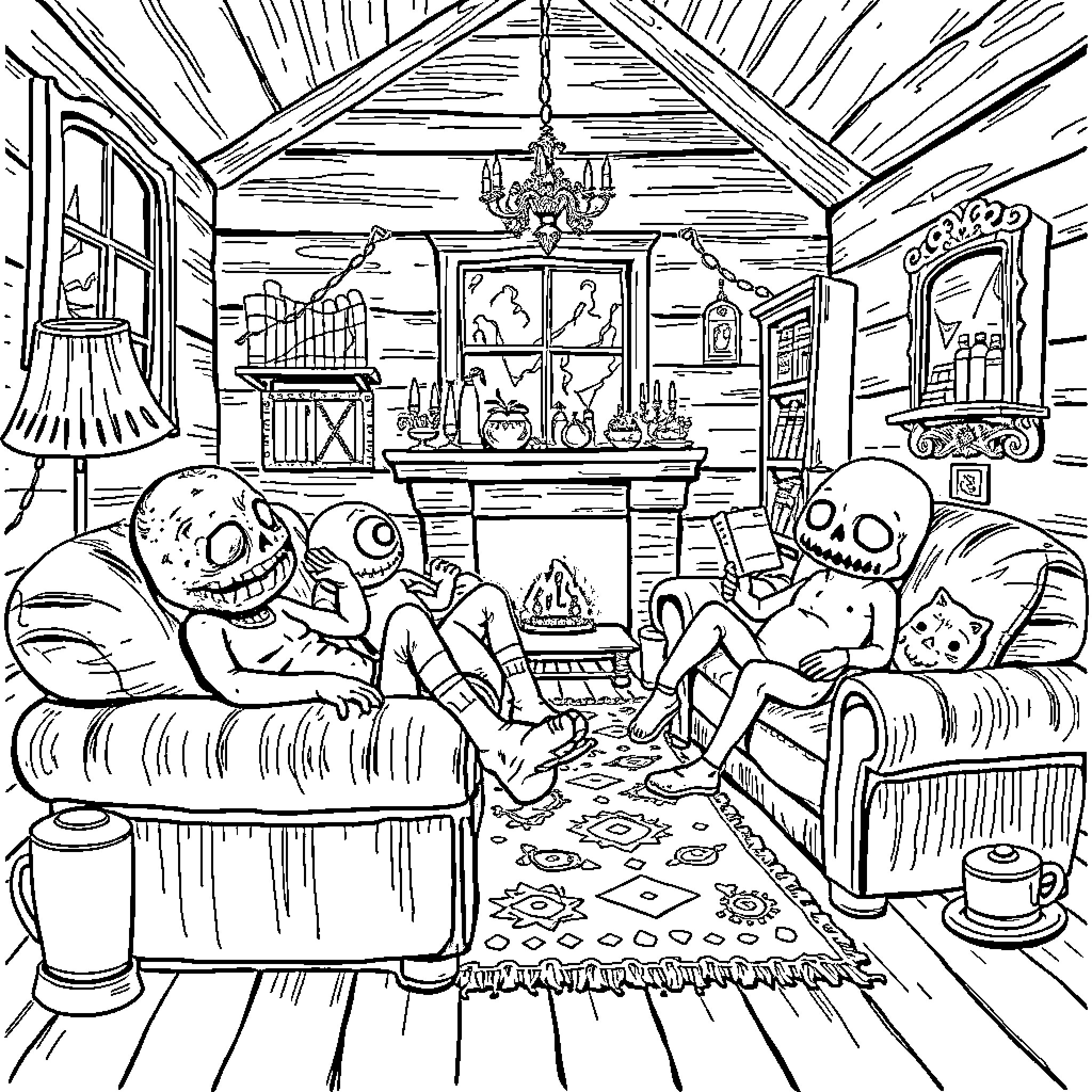 Unspeakable Creatures Lurking in a Haunted Abode Coloring Page (free black-and-white line drawing printable PDF for all, from beginners to advanced learners, including children, teens, adults, and seniors)