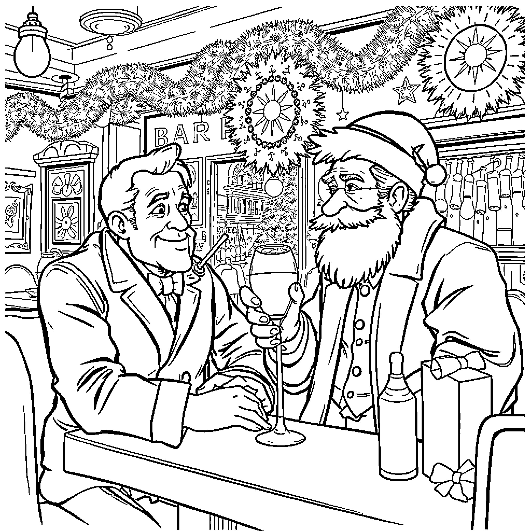 Monsieur Jack Enjoys Drinks with Jovial Companion Coloring Page (free black-and-white line drawing printable PDF for all, from beginners to advanced learners, including children, teens, adults, and seniors)