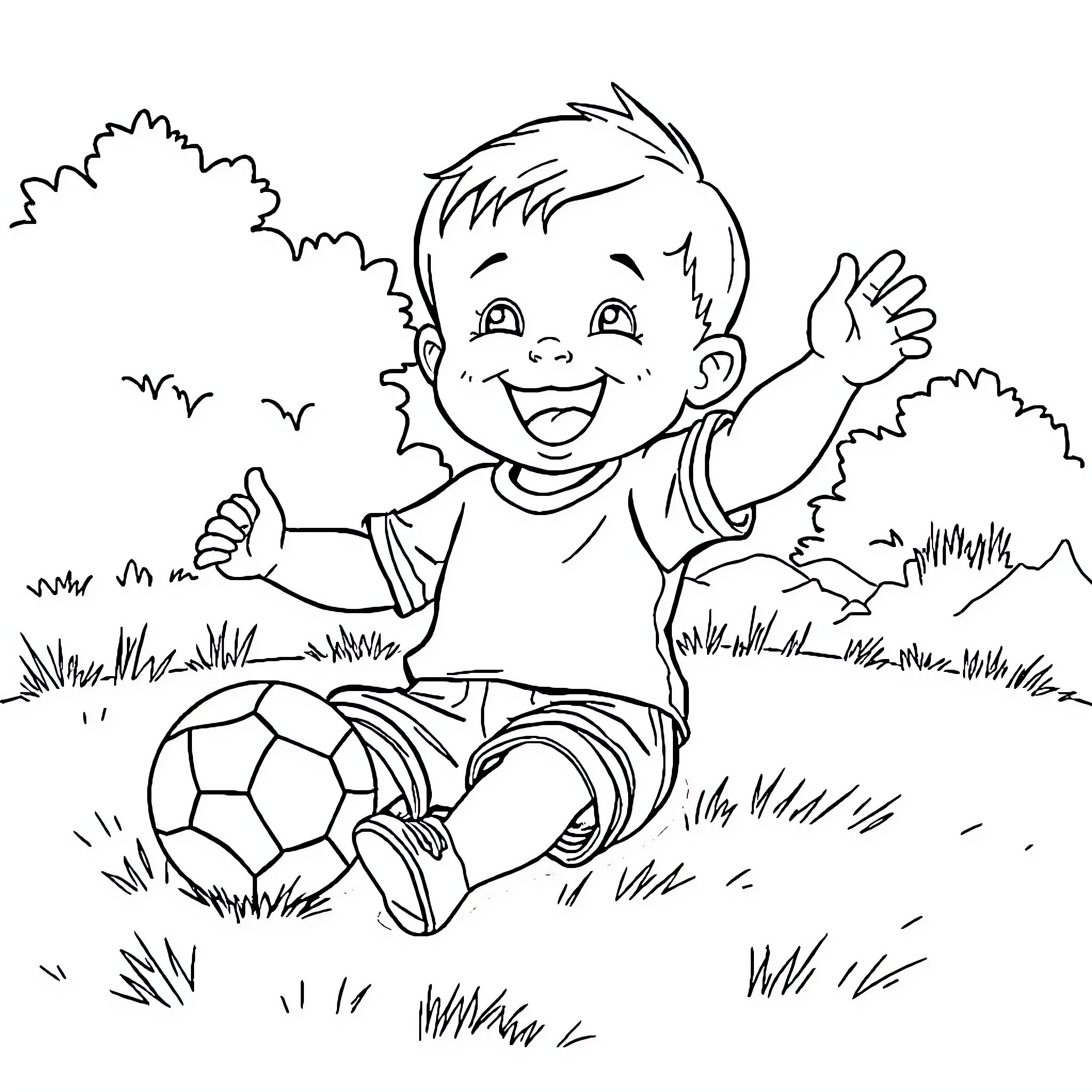 Baby joyfully playing with soccer ball outdoors Coloring Page (free black-and-white line drawing printable PDF for all, from beginners to advanced learners, including children, teens, adults, and seniors)