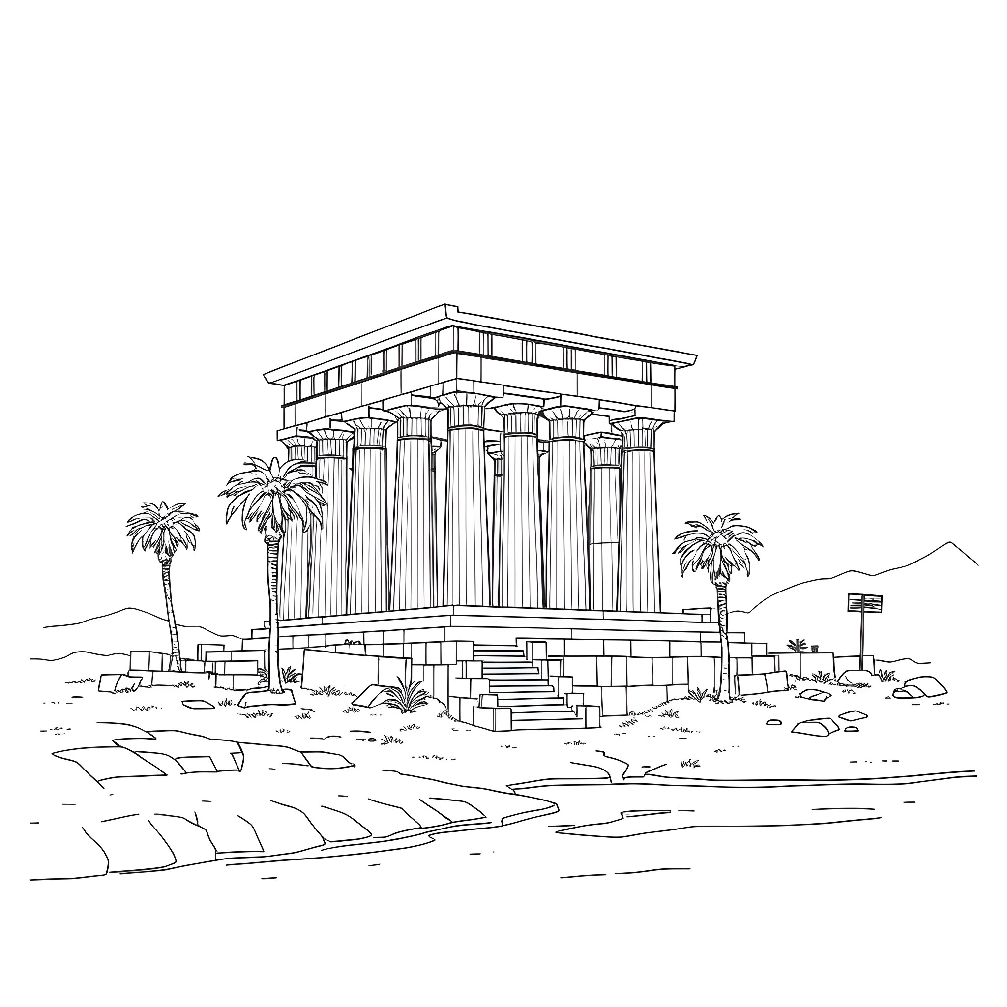Philae Temple with ancient Greek architectural elements Coloring Page (free black-and-white line drawing printable PDF for all, from beginners to advanced learners, including children, teens, adults, and seniors)