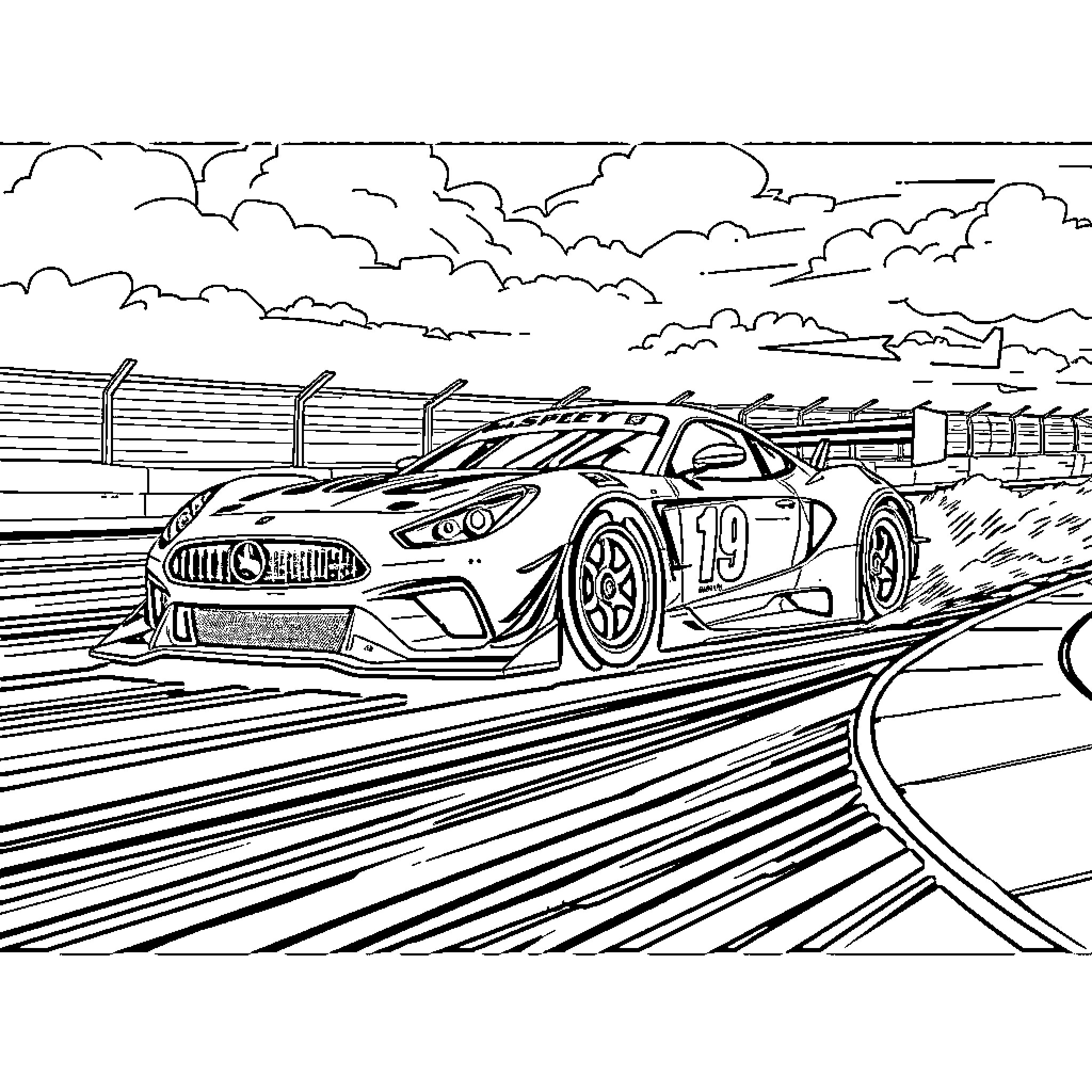 Racing Car Speeding on the Track Coloring Page (free black-and-white line drawing printable PDF for all, from beginners to advanced learners, including children, teens, adults, and seniors)