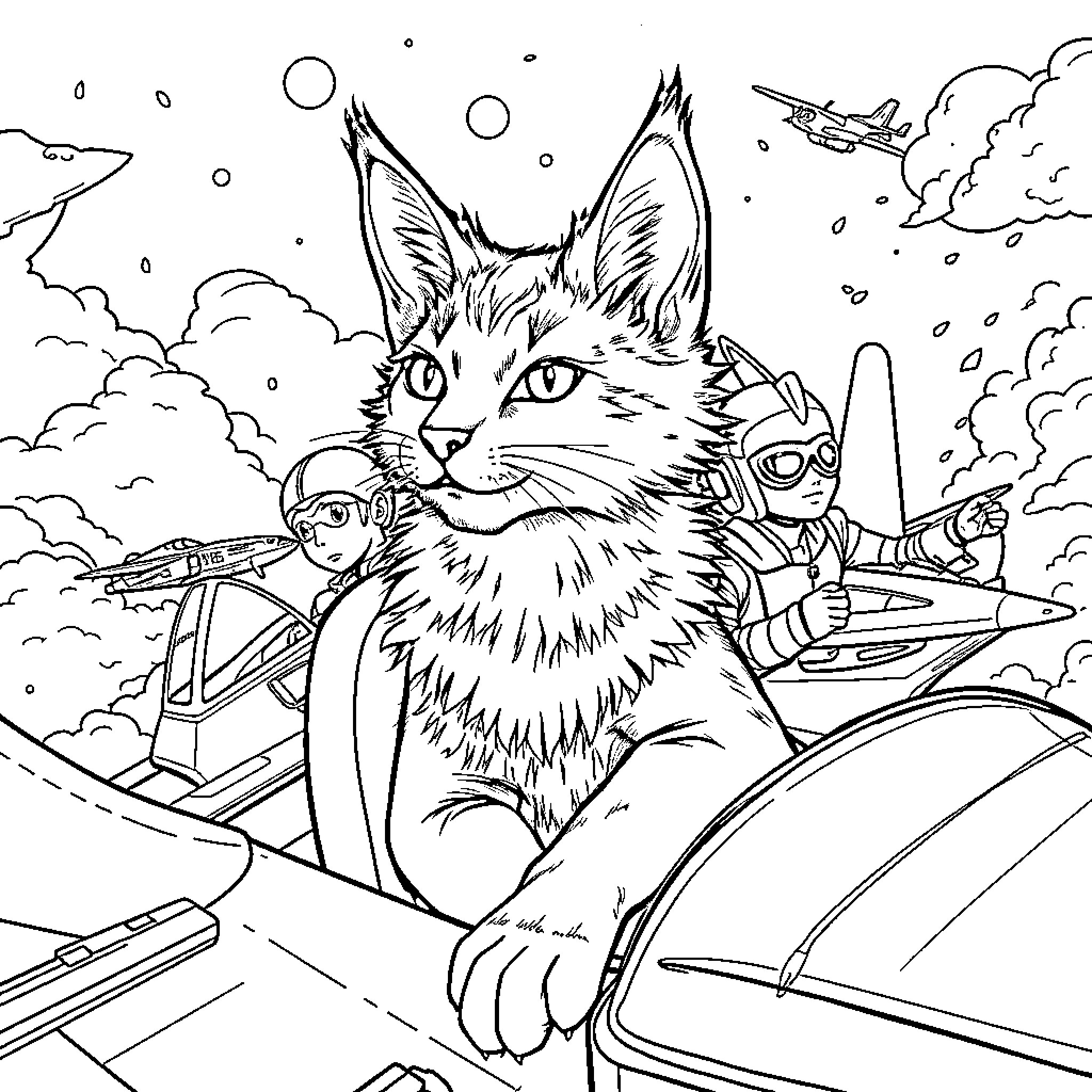 Lykoi Cat exploring the futuristic landscape Coloring Page (free black-and-white line drawing printable PDF for all, from beginners to advanced learners, including children, teens, adults, and seniors)