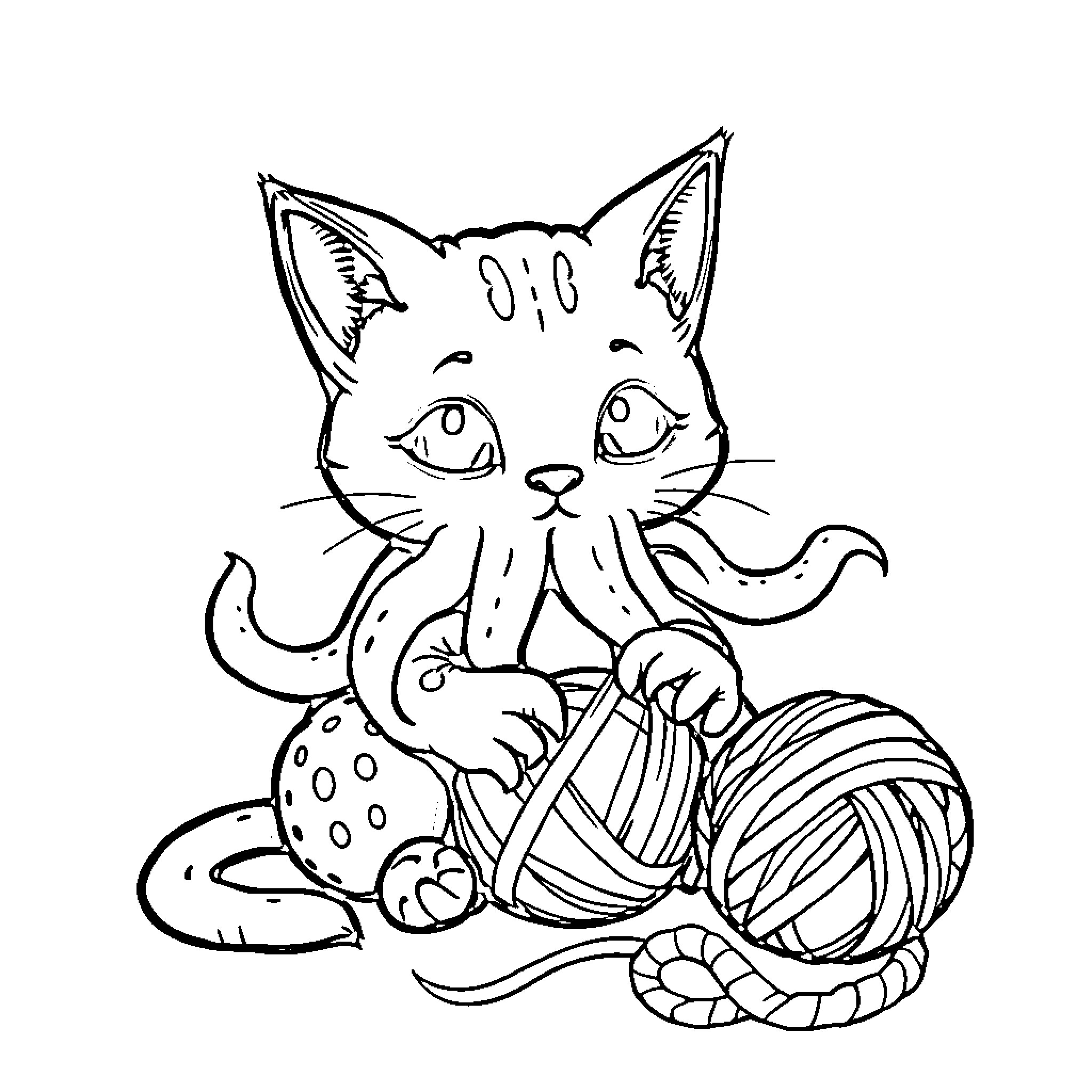 Cthulhu Cat playing with yarn and ball Coloring Page (free black-and-white line drawing printable PDF for all, from beginners to advanced learners, including children, teens, adults, and seniors)