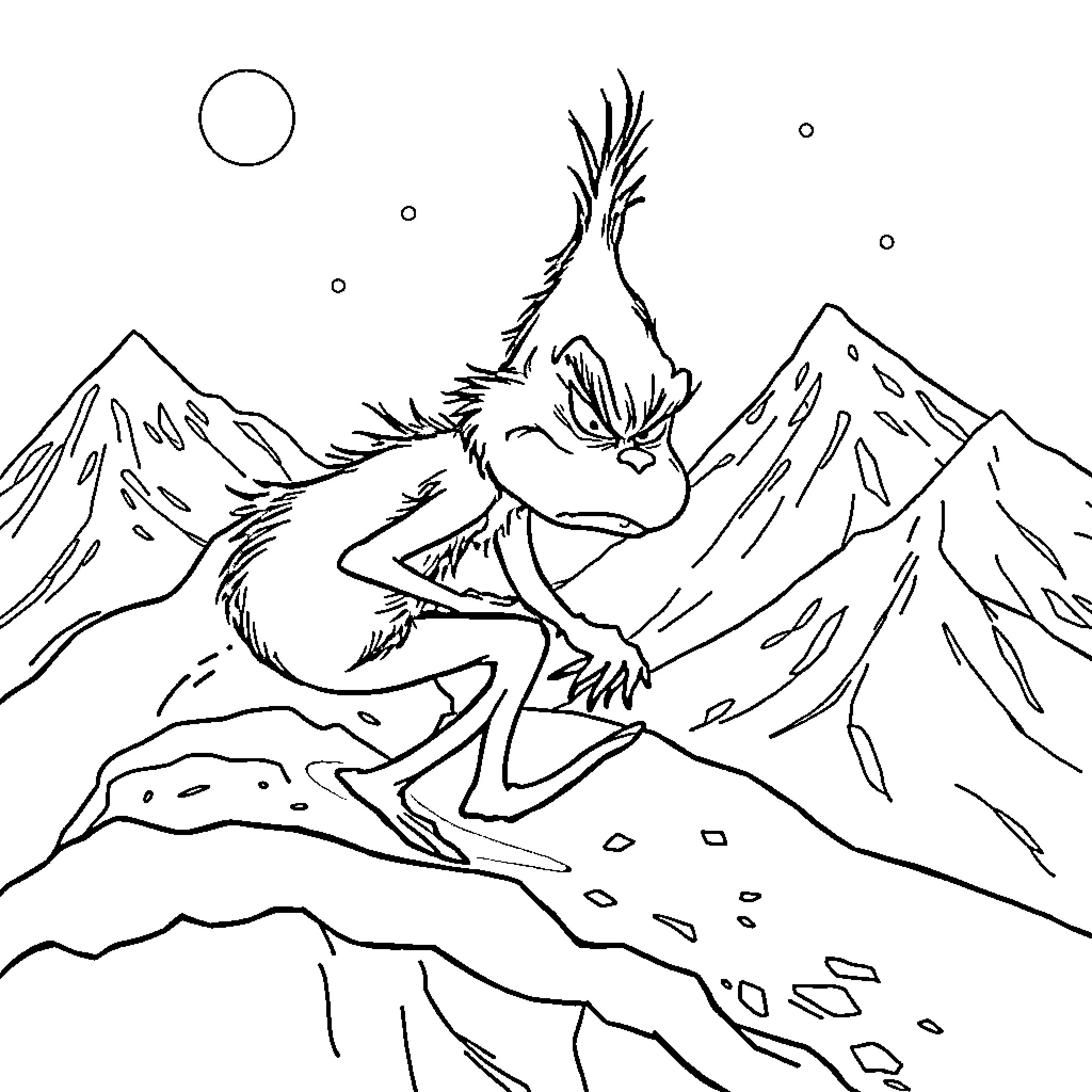 Grinch running through the snowy mountains Coloring Page (free black-and-white line drawing printable PDF for all, from beginners to advanced learners, including children, teens, adults, and seniors)