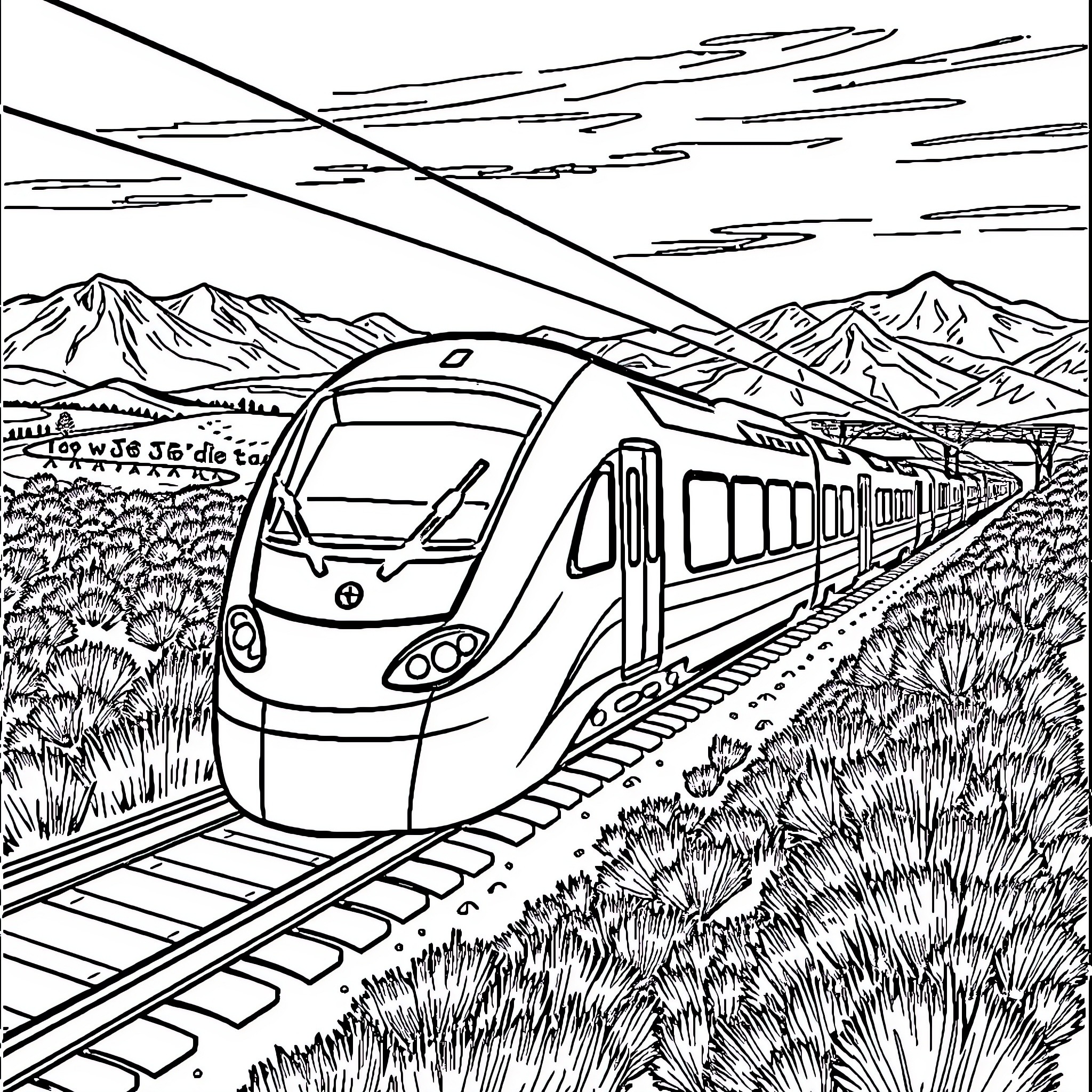 Train passing through scenic mountain landscape Coloring Page (free black-and-white line drawing printable PDF for all, from beginners to advanced learners, including children, teens, adults, and seniors)
