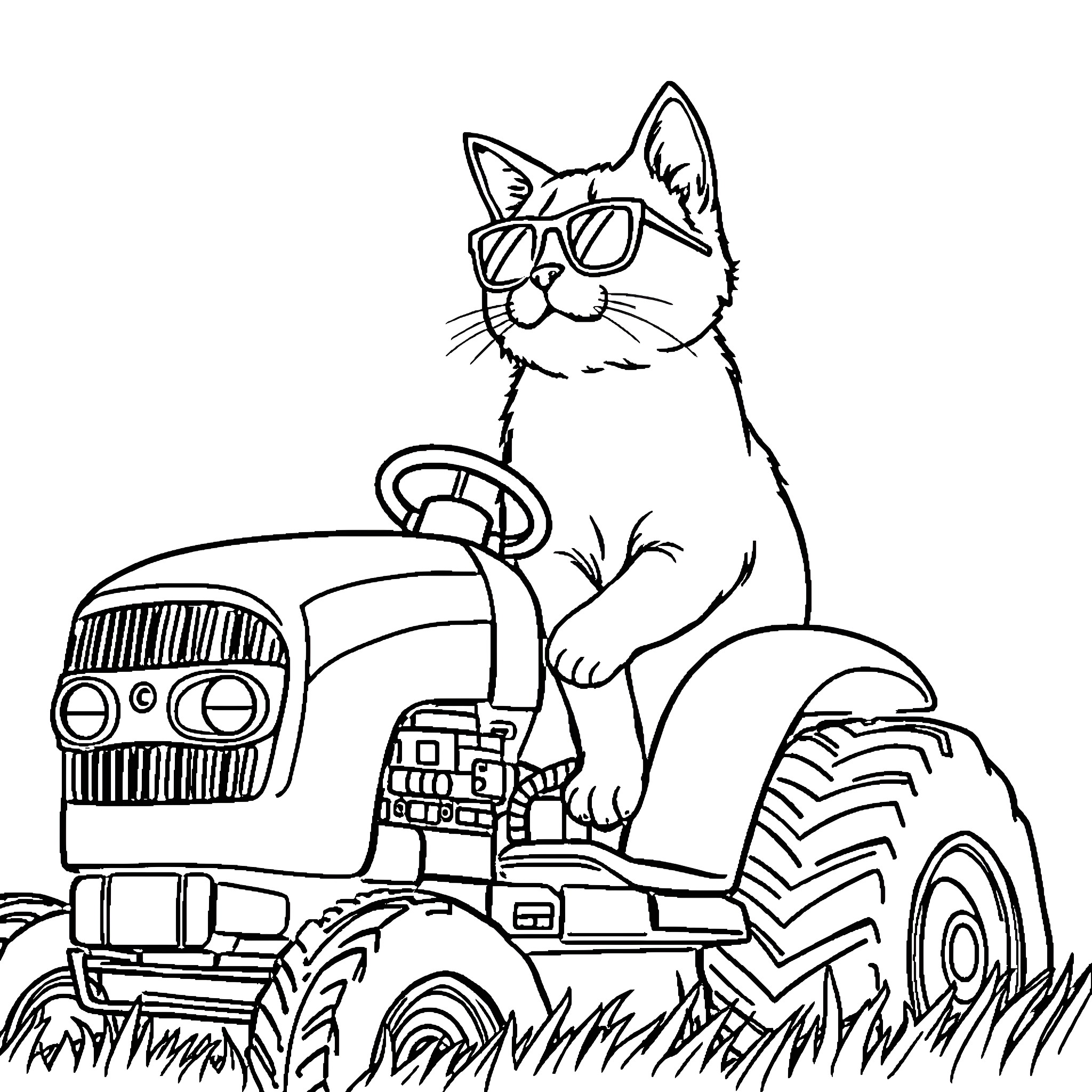 Cat riding tractor with sunglasses Coloring Page (free black-and-white line drawing printable PDF for all, from beginners to advanced learners, including children, teens, adults, and seniors)