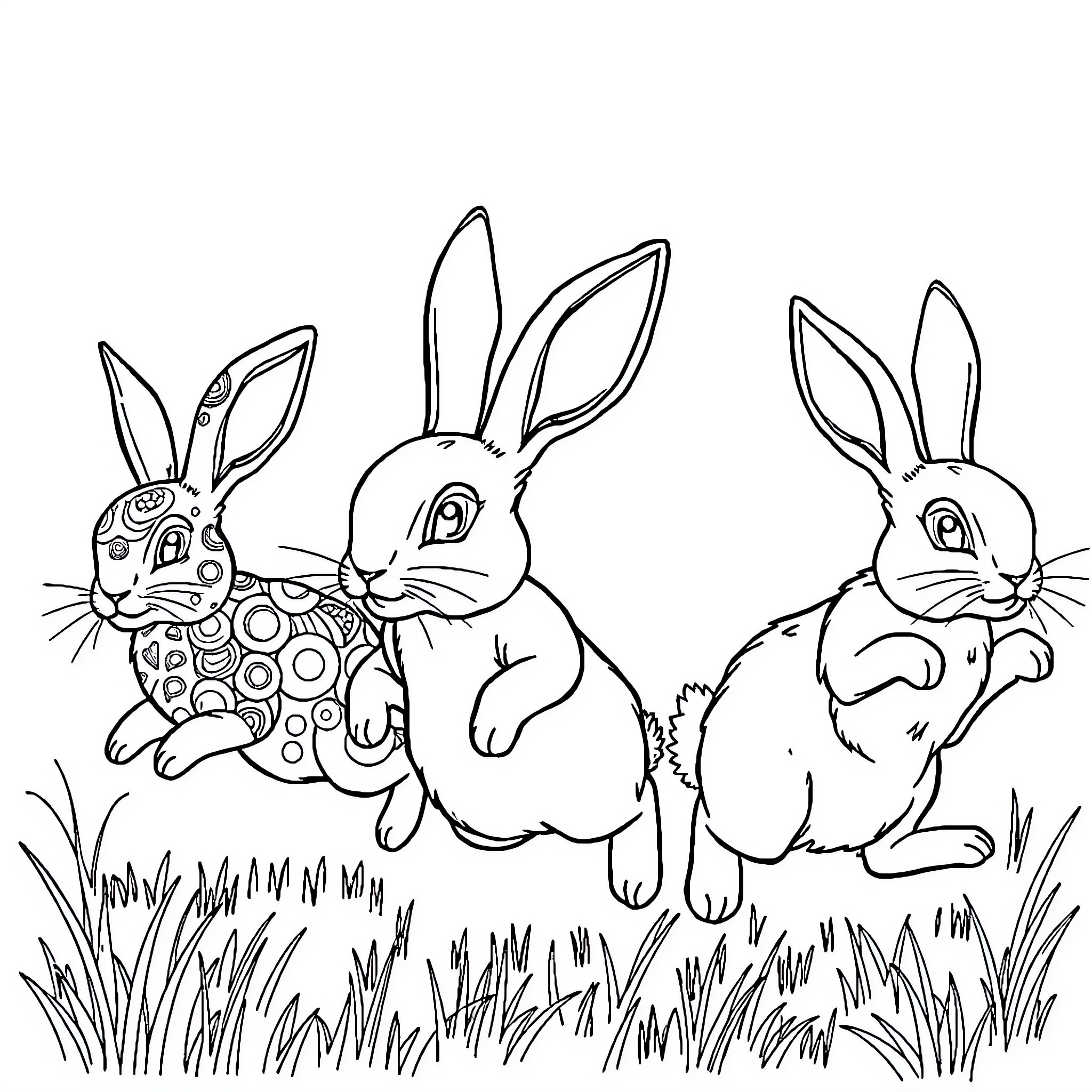 Bunny friends exploring the meadow Coloring Page (free black-and-white line drawing printable PDF for all, from beginners to advanced learners, including children, teens, adults, and seniors)