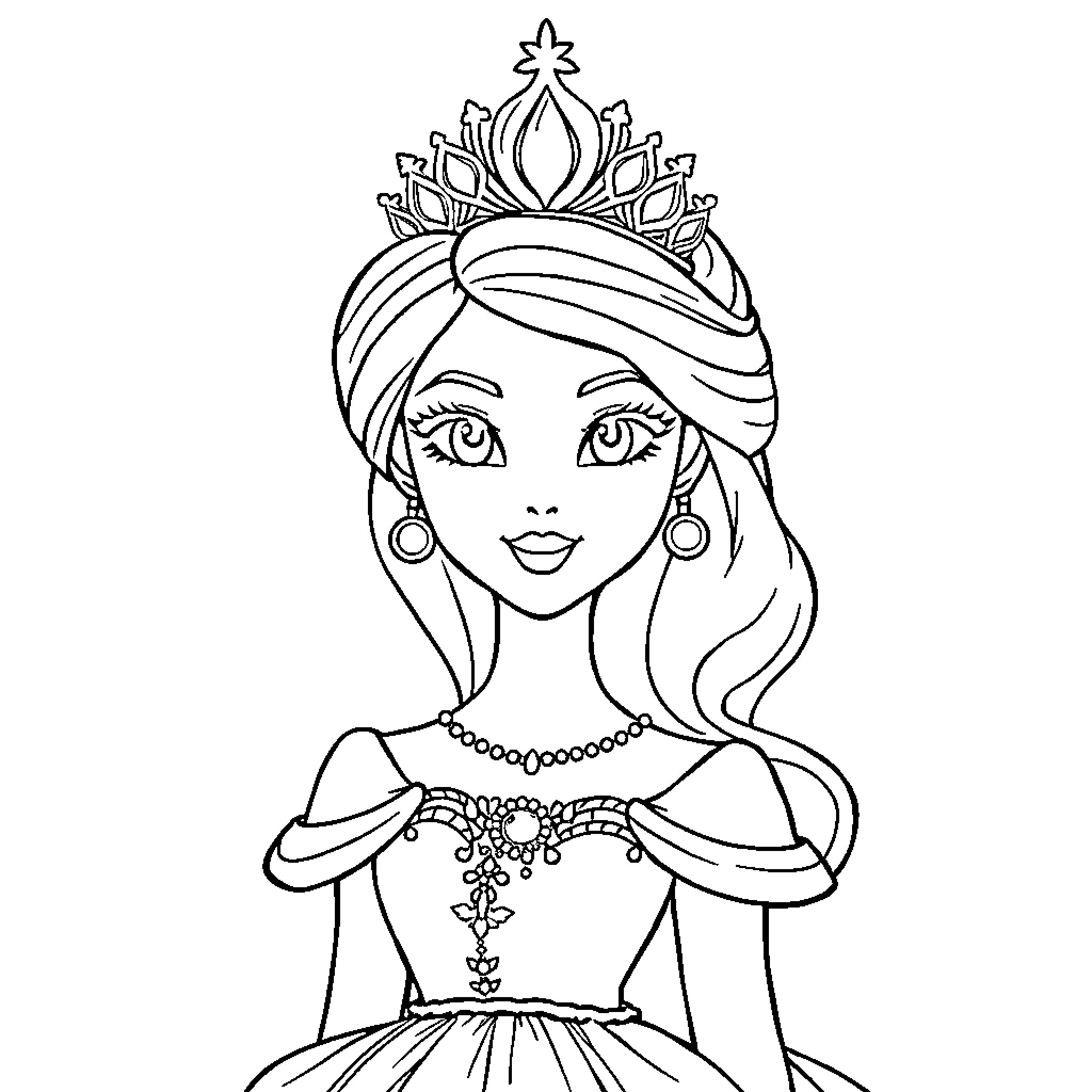 Princess in Elegant Dress and Sparkling Crown Coloring Page (free black-and-white line drawing printable PDF for all, from beginners to advanced learners, including children, teens, adults, and seniors)