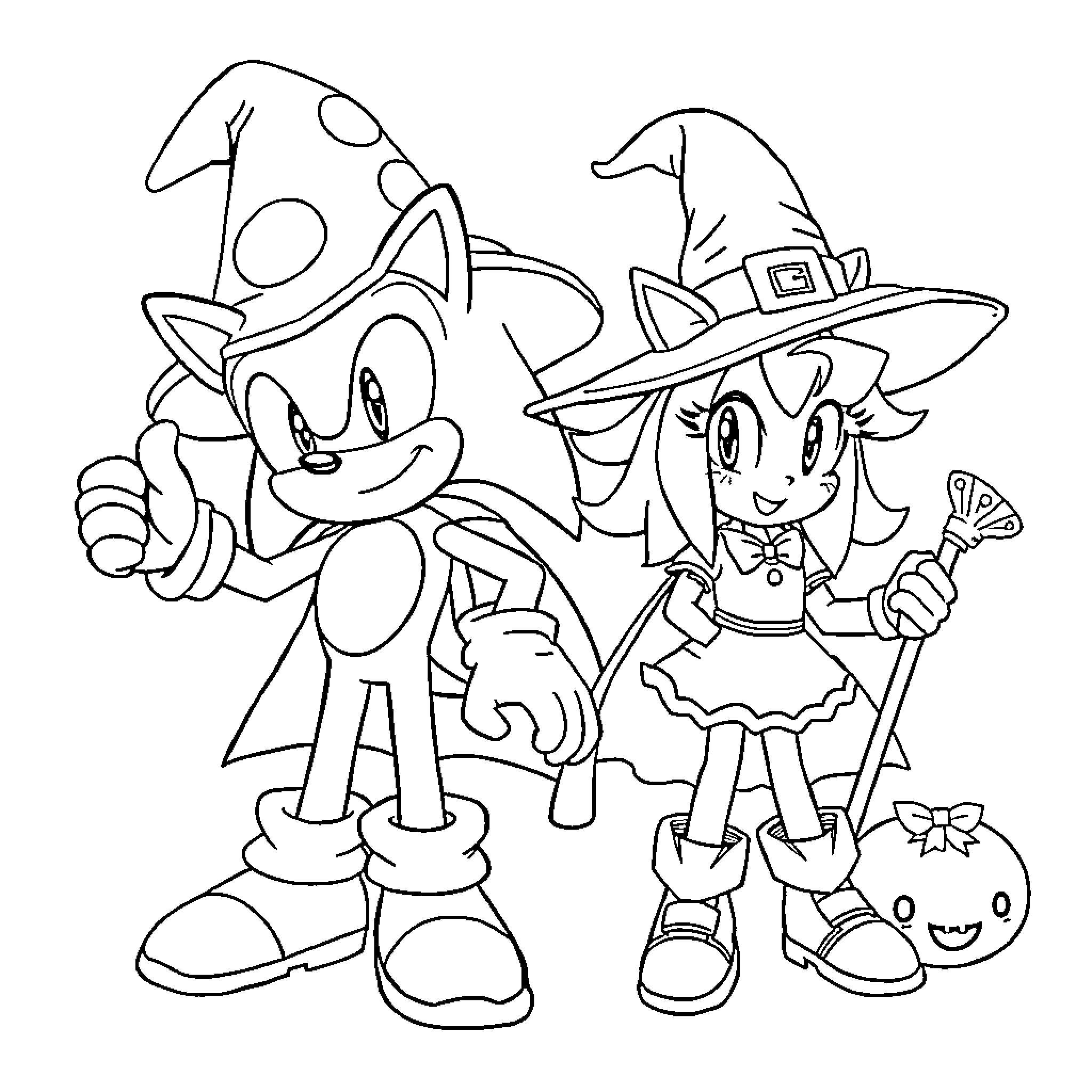Sonic and Witch Friends Celebrate Halloween Coloring Page (free black-and-white line drawing printable PDF for all, from beginners to advanced learners, including children, teens, adults, and seniors)