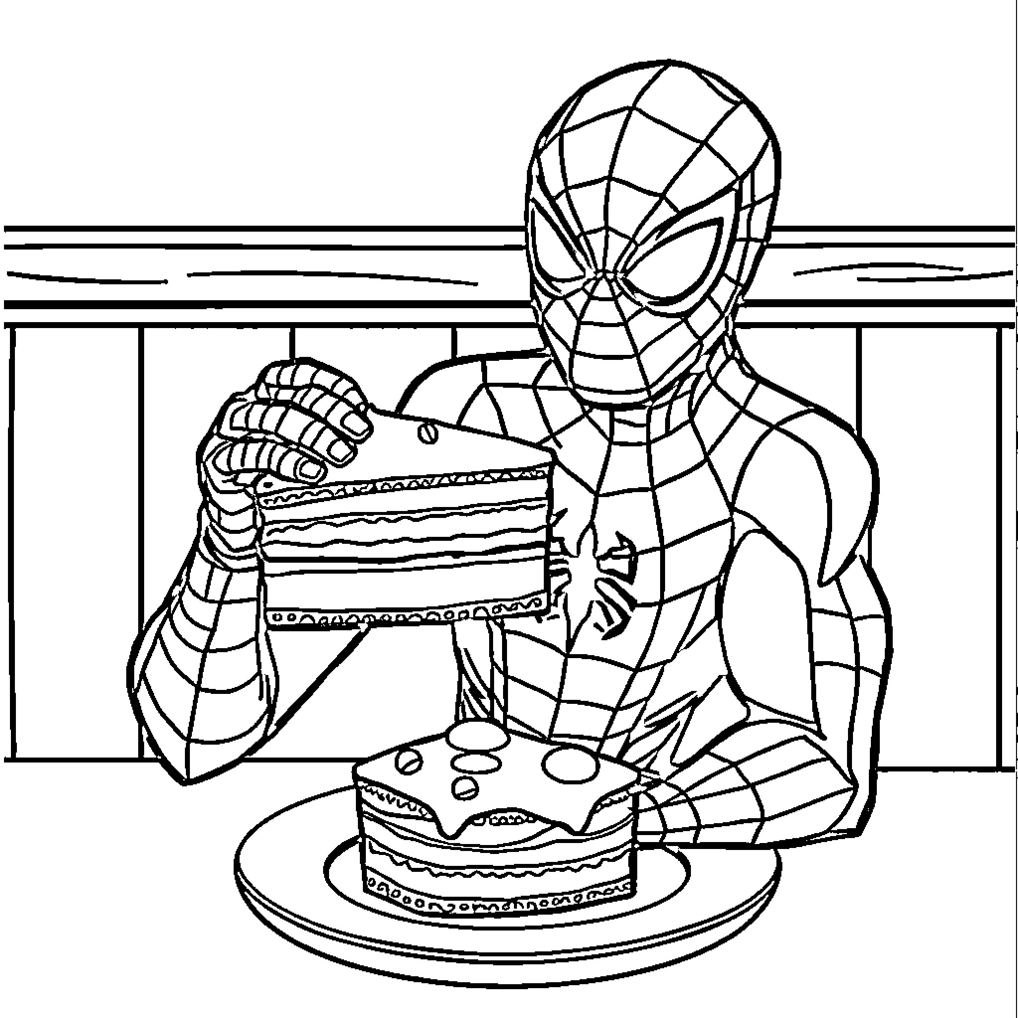 Spiderman enjoying a delicious cake Coloring Page (free black-and-white line drawing printable PDF for all, from beginners to advanced learners, including children, teens, adults, and seniors)
