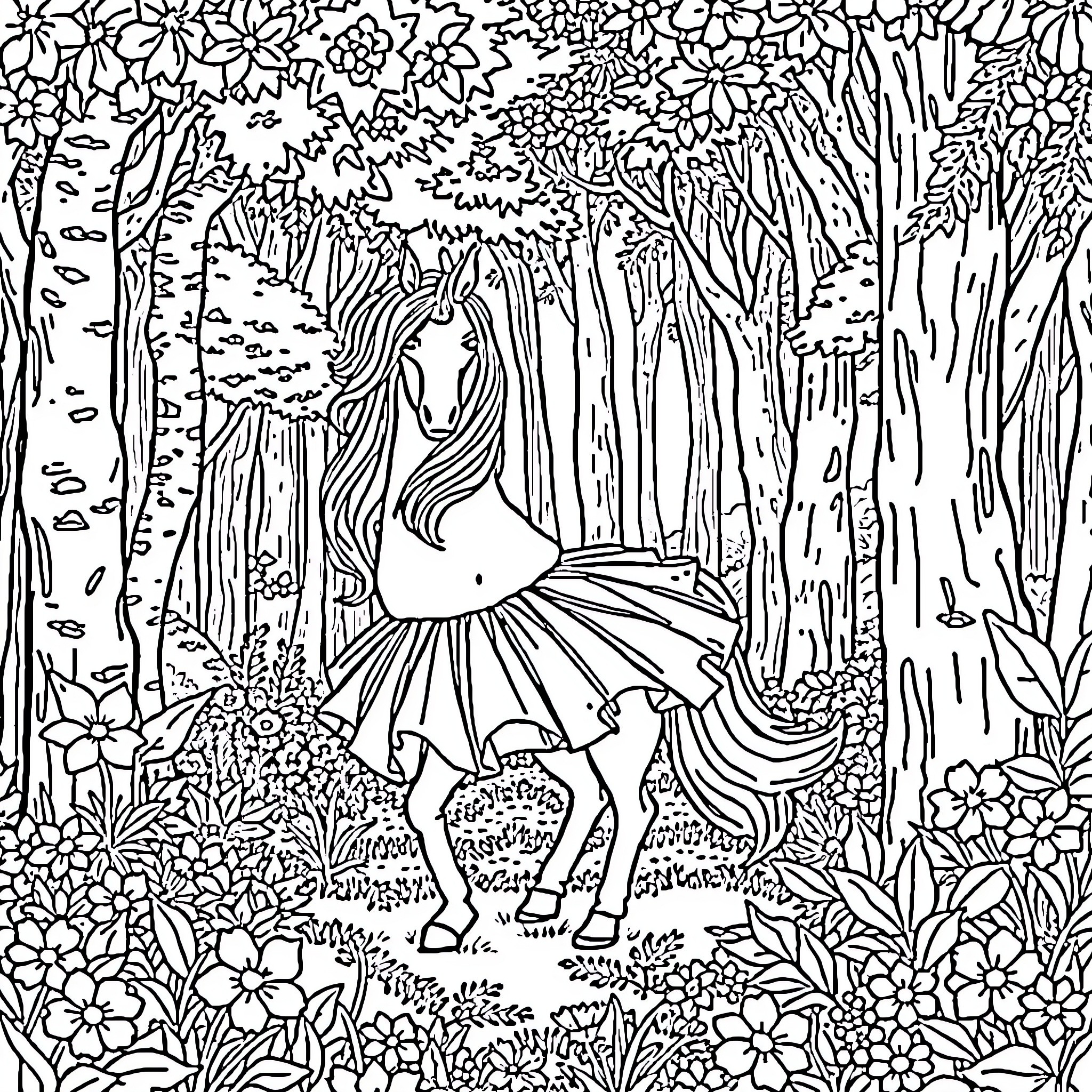 Unicorn in a Magical Forest Clearing Coloring Page (free black-and-white line drawing printable PDF for all, from beginners to advanced learners, including children, teens, adults, and seniors)