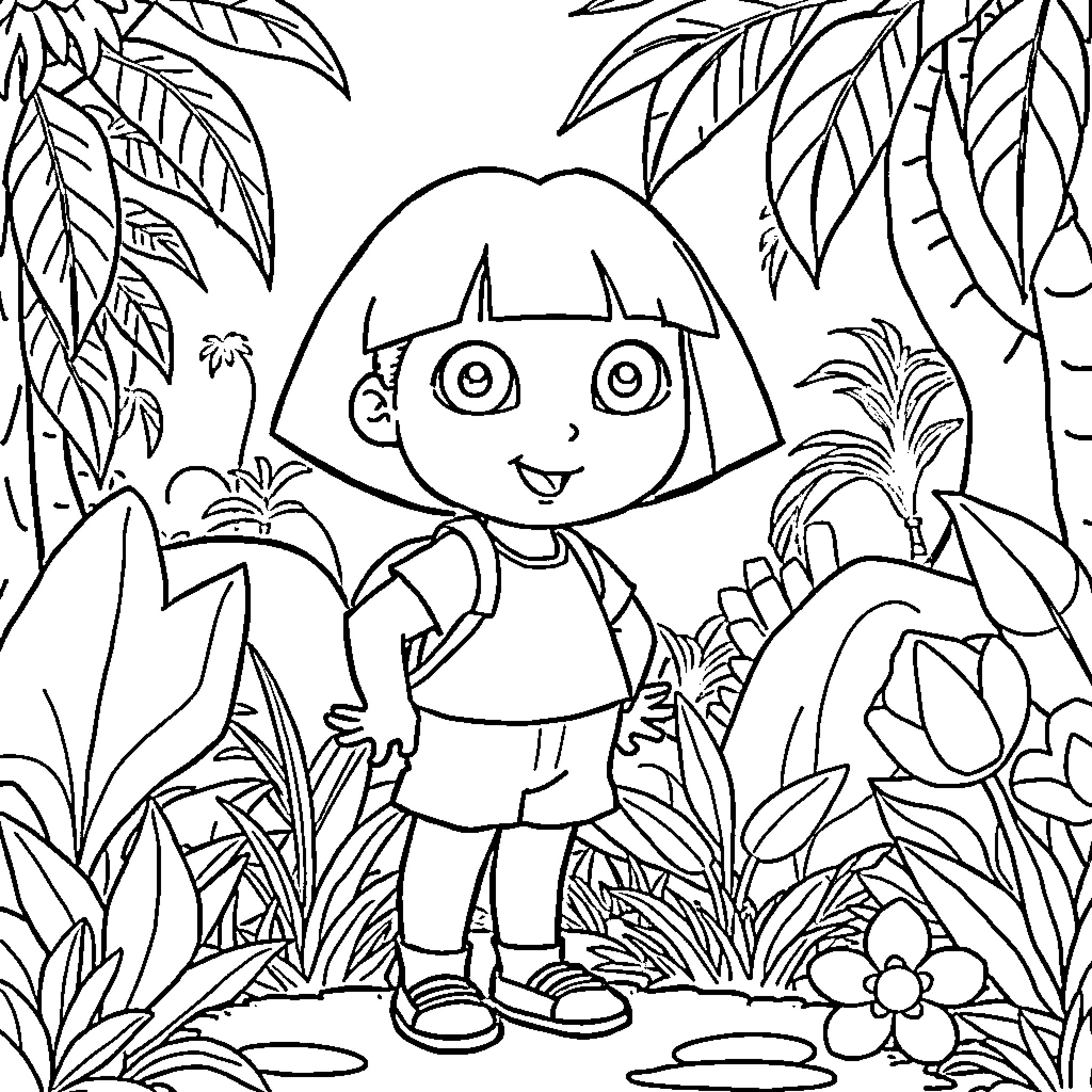 Dora exploring the lush jungle Coloring Page (free black-and-white line drawing printable PDF for all, from beginners to advanced learners, including children, teens, adults, and seniors)