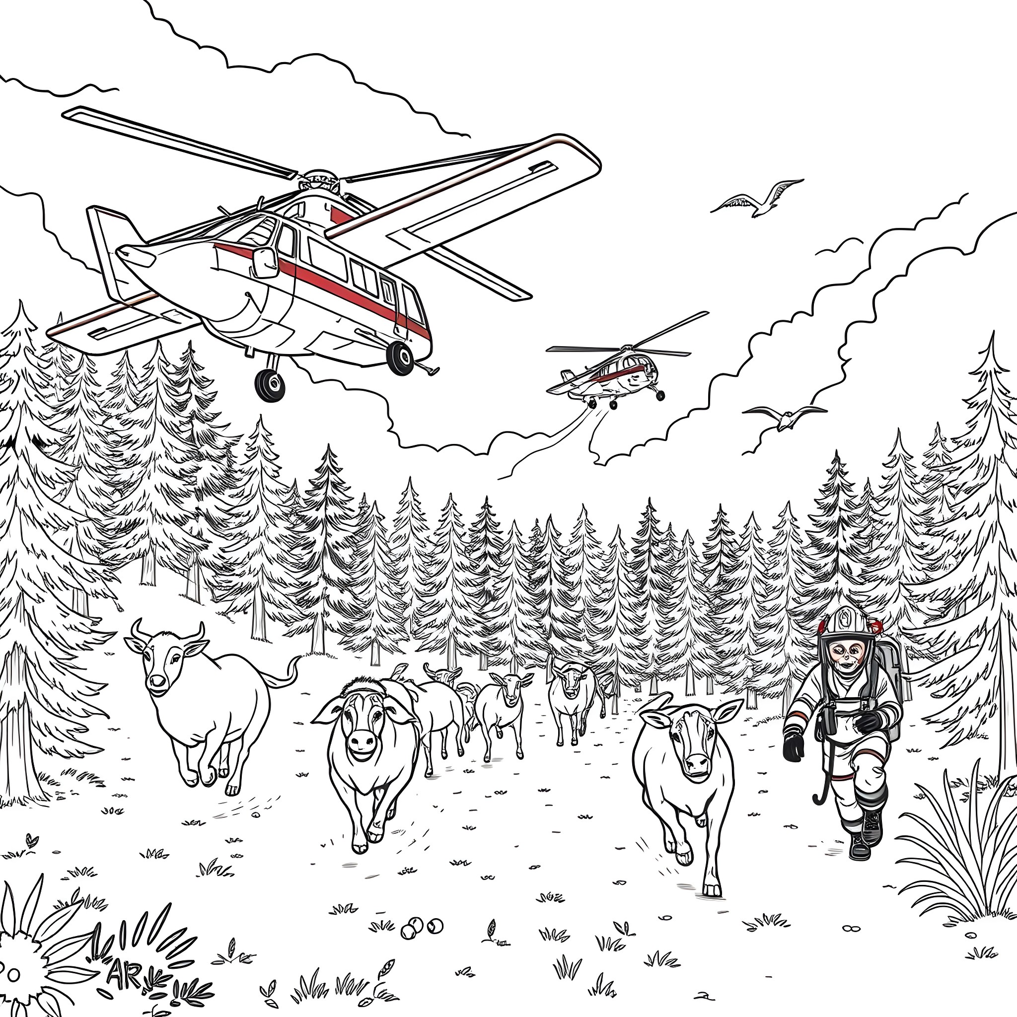 Firefighting Aircraft Responding to Wildfire Emergency Coloring Page (free black-and-white line drawing printable PDF for all, from beginners to advanced learners, including children, teens, adults, and seniors)