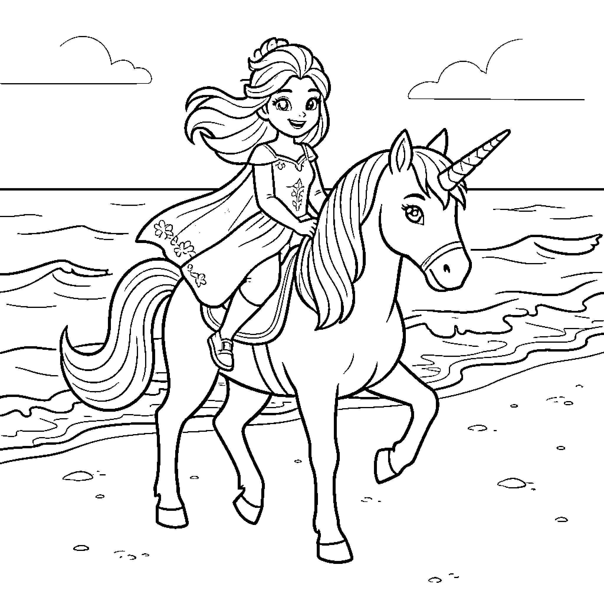 Elsa riding a unicorn along the beach Coloring Page (free black-and-white line drawing printable PDF for all, from beginners to advanced learners, including children, teens, adults, and seniors)