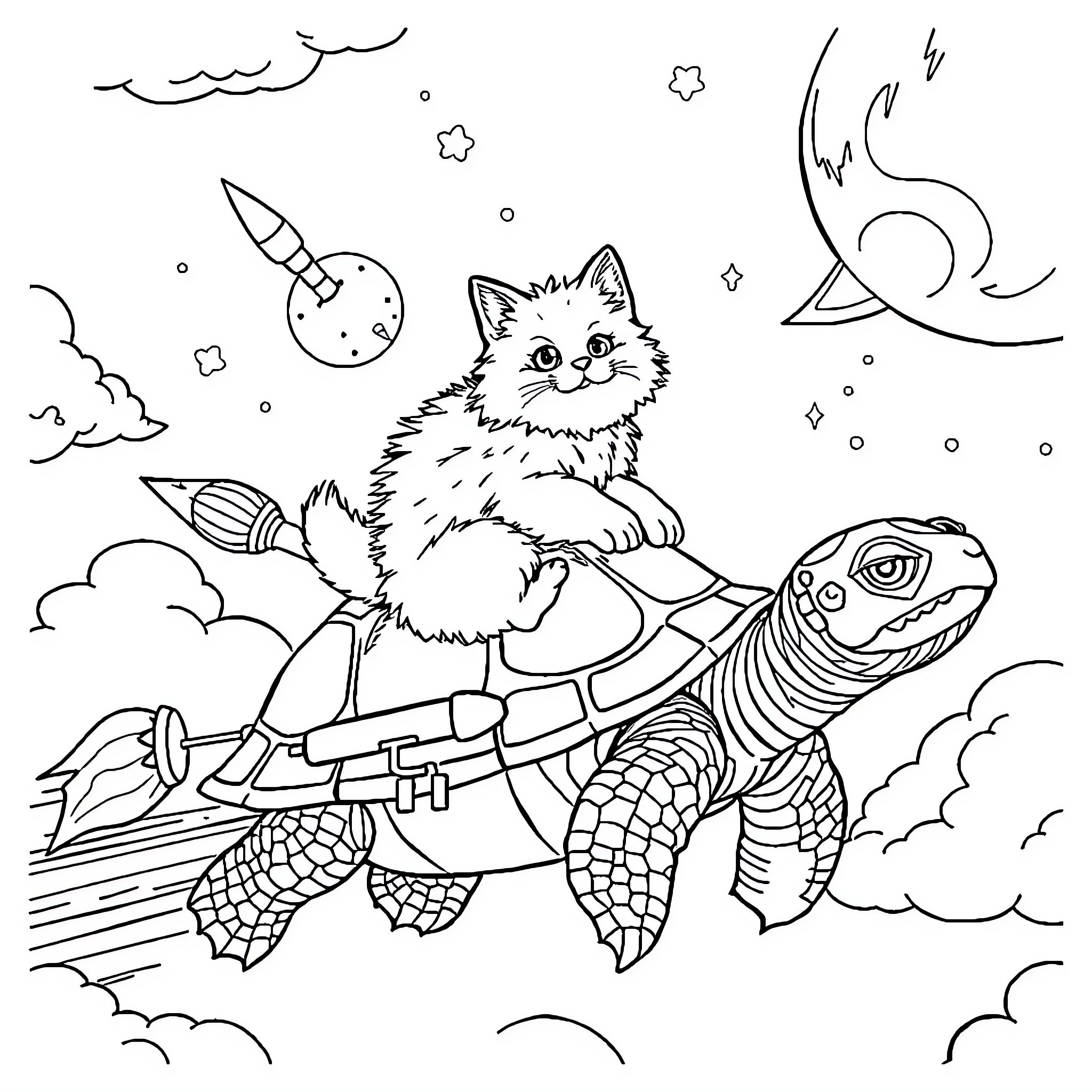 Cat riding a magical turtle in the night sky Coloring Page (free black-and-white line drawing printable PDF for all, from beginners to advanced learners, including children, teens, adults, and seniors)
