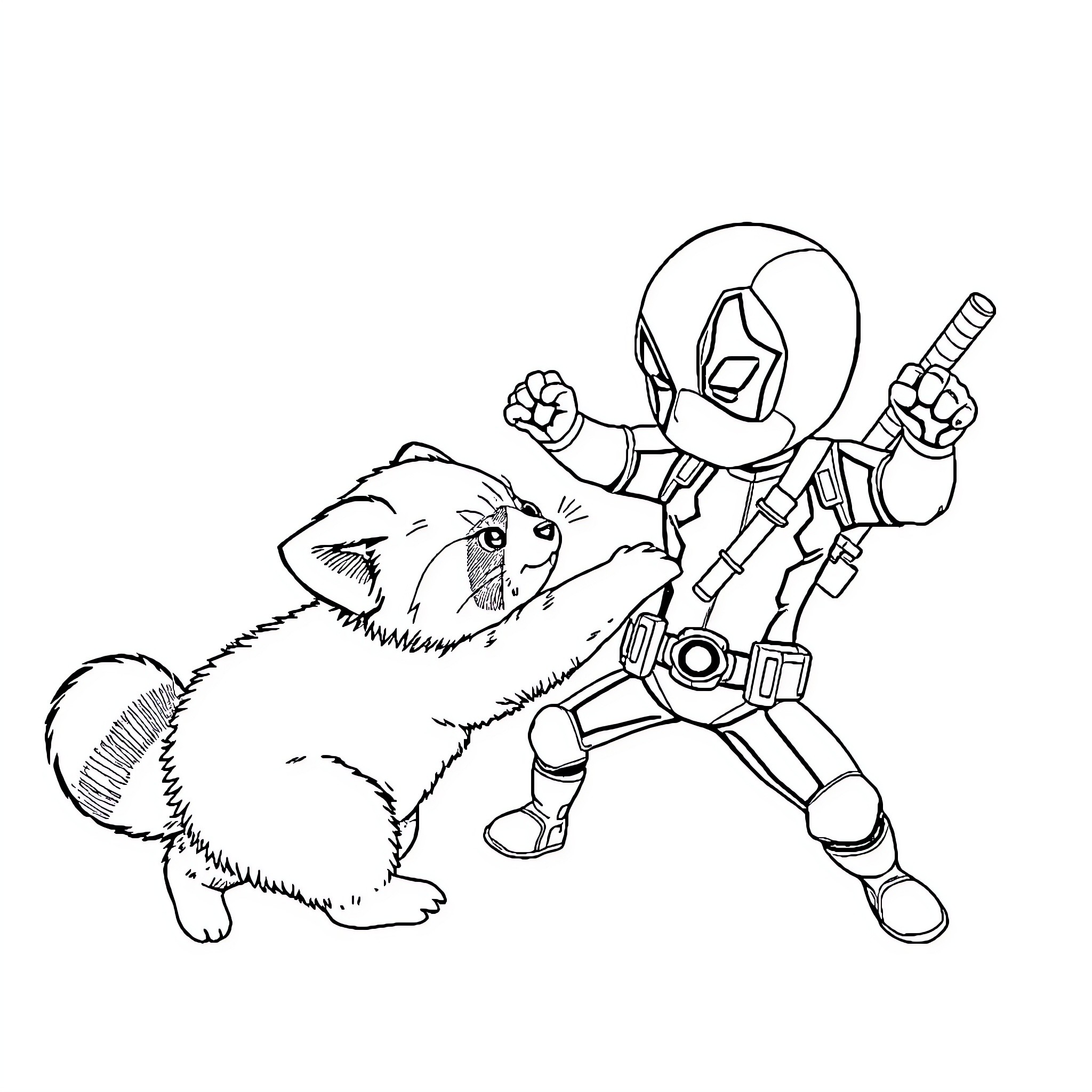 Deadpool playing with furry animal companion Coloring Page (free black-and-white line drawing printable PDF for all, from beginners to advanced learners, including children, teens, adults, and seniors)