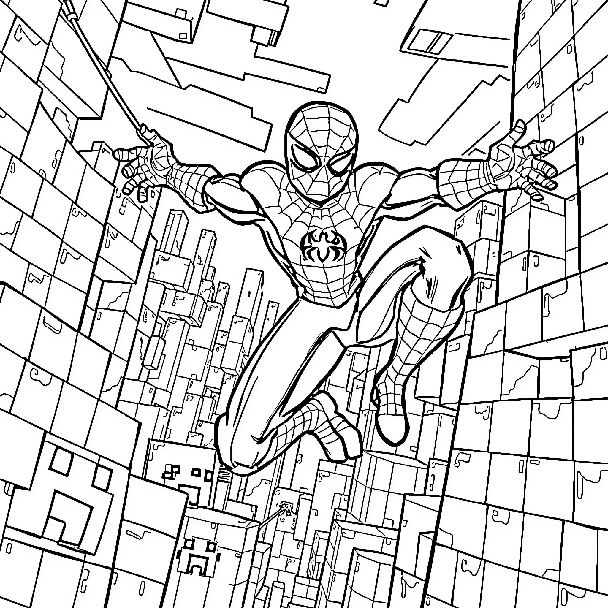 Spiderman swinging through the city skyline Coloring Page (free black-and-white line drawing printable PDF for all, from beginners to advanced learners, including children, teens, adults, and seniors)
