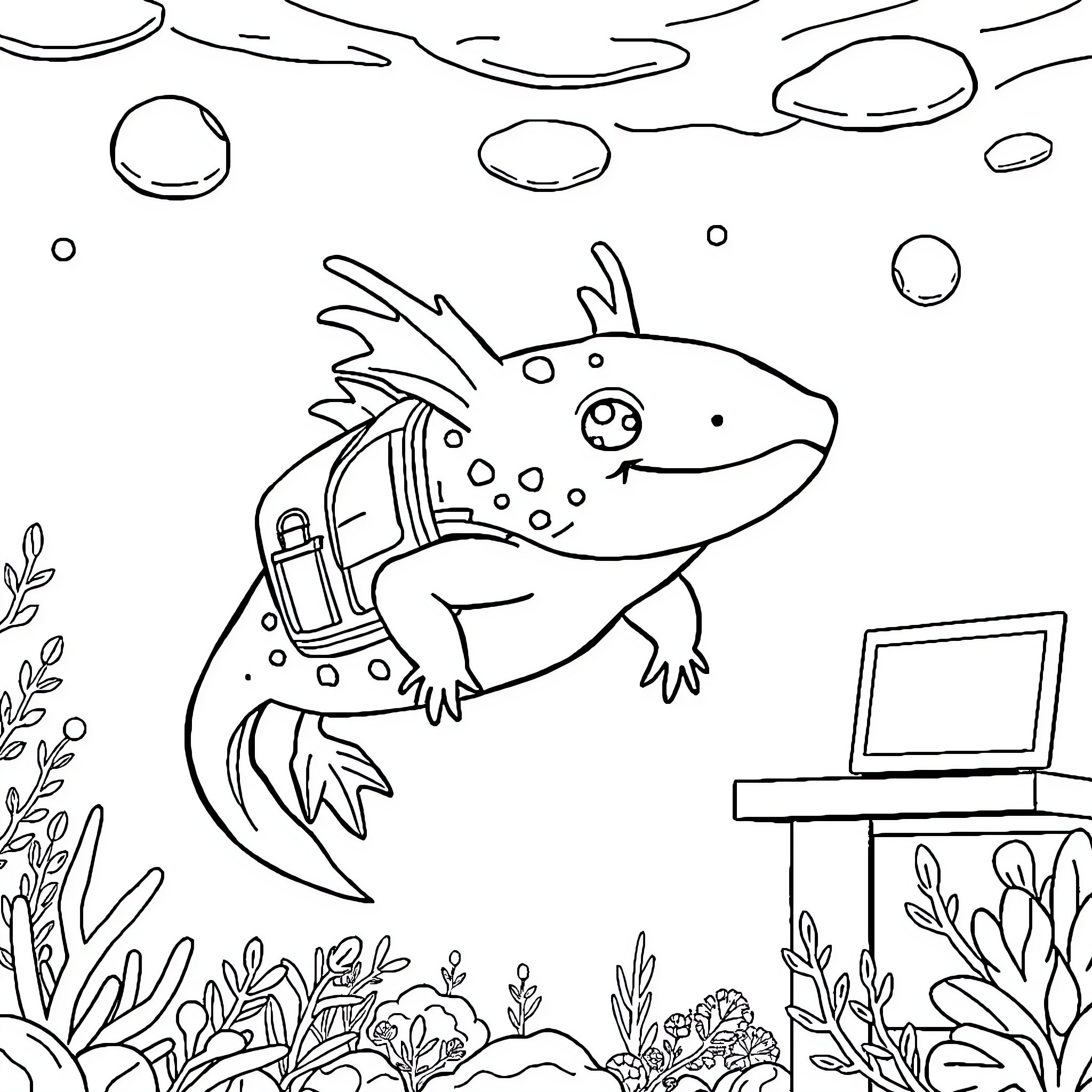 Axolotl exploring the underwater scene Coloring Page (free black-and-white line drawing printable PDF for all, from beginners to advanced learners, including children, teens, adults, and seniors)