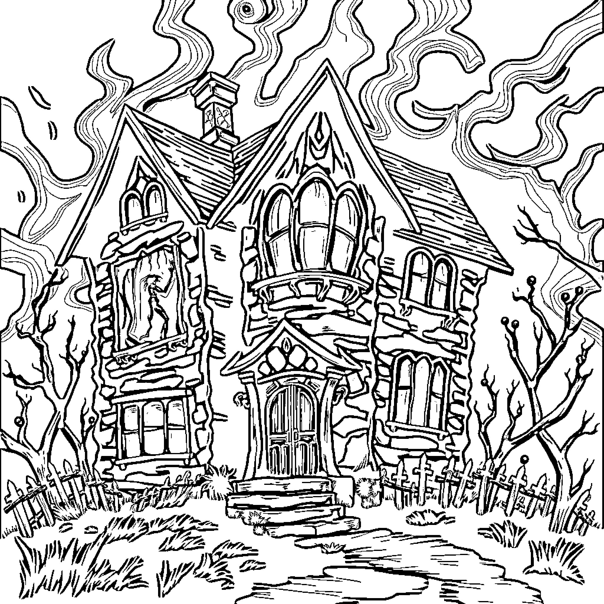 House with Haunting Atmosphere and Gothic Architecture Coloring Page (free black-and-white line drawing printable PDF for all, from beginners to advanced learners, including children, teens, adults, and seniors)