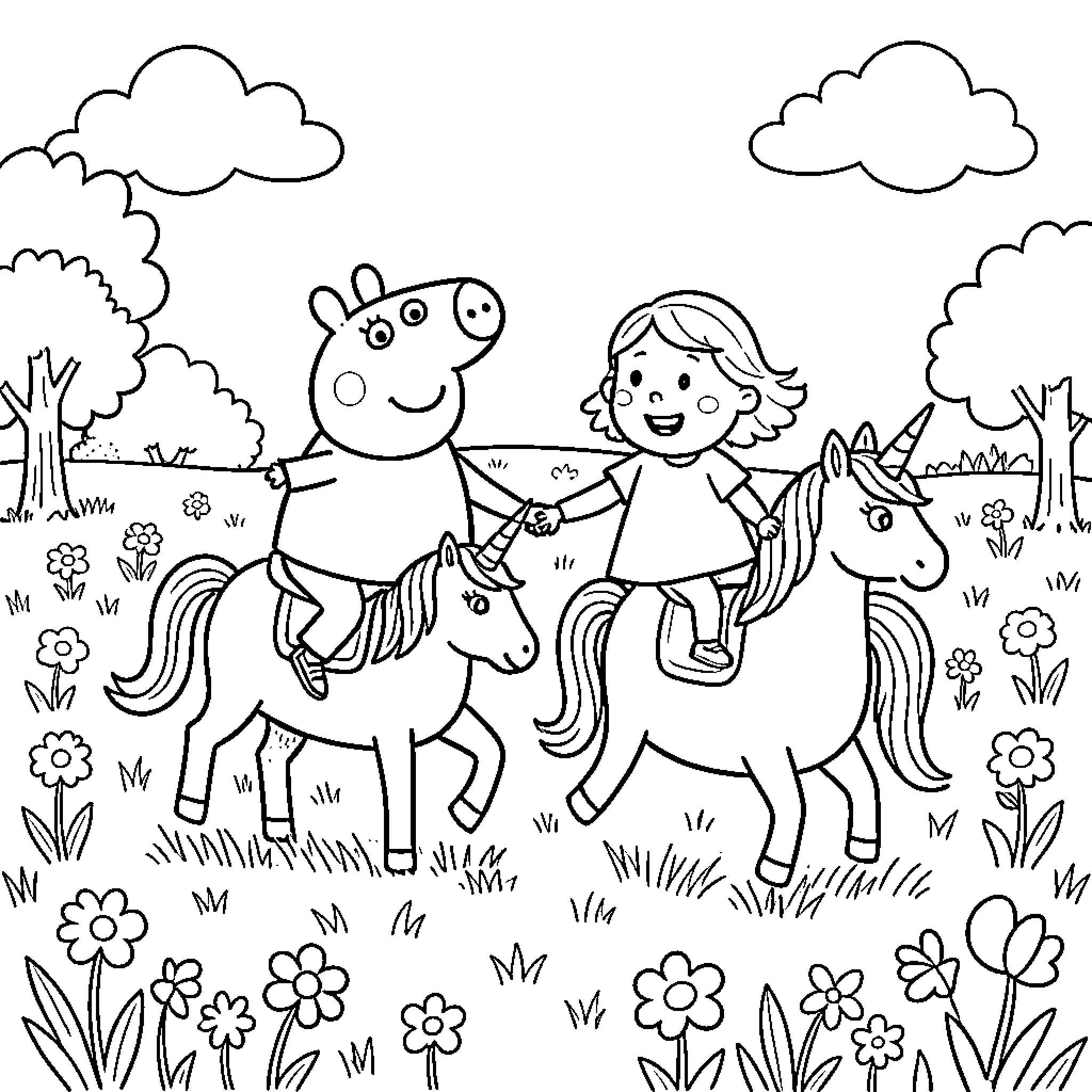 Peppa Pig and friend riding horses in a flowery meadow Coloring Page (free black-and-white line drawing printable PDF for all, from beginners to advanced learners, including children, teens, adults, and seniors)