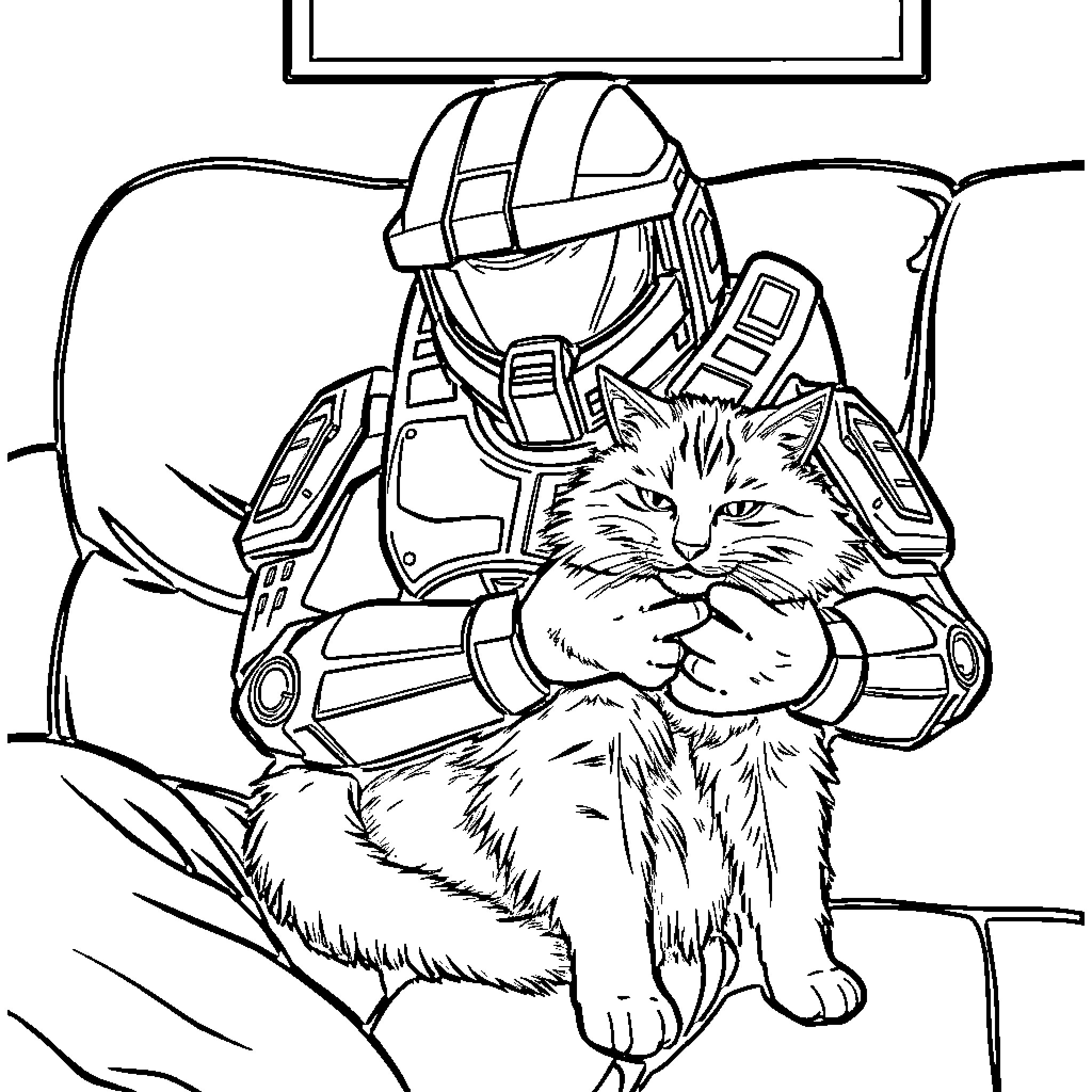 Master Chief and a Furry Companion in an Armored Battle Suit Coloring Page (free black-and-white line drawing printable PDF for all, from beginners to advanced learners, including children, teens, adults, and seniors)