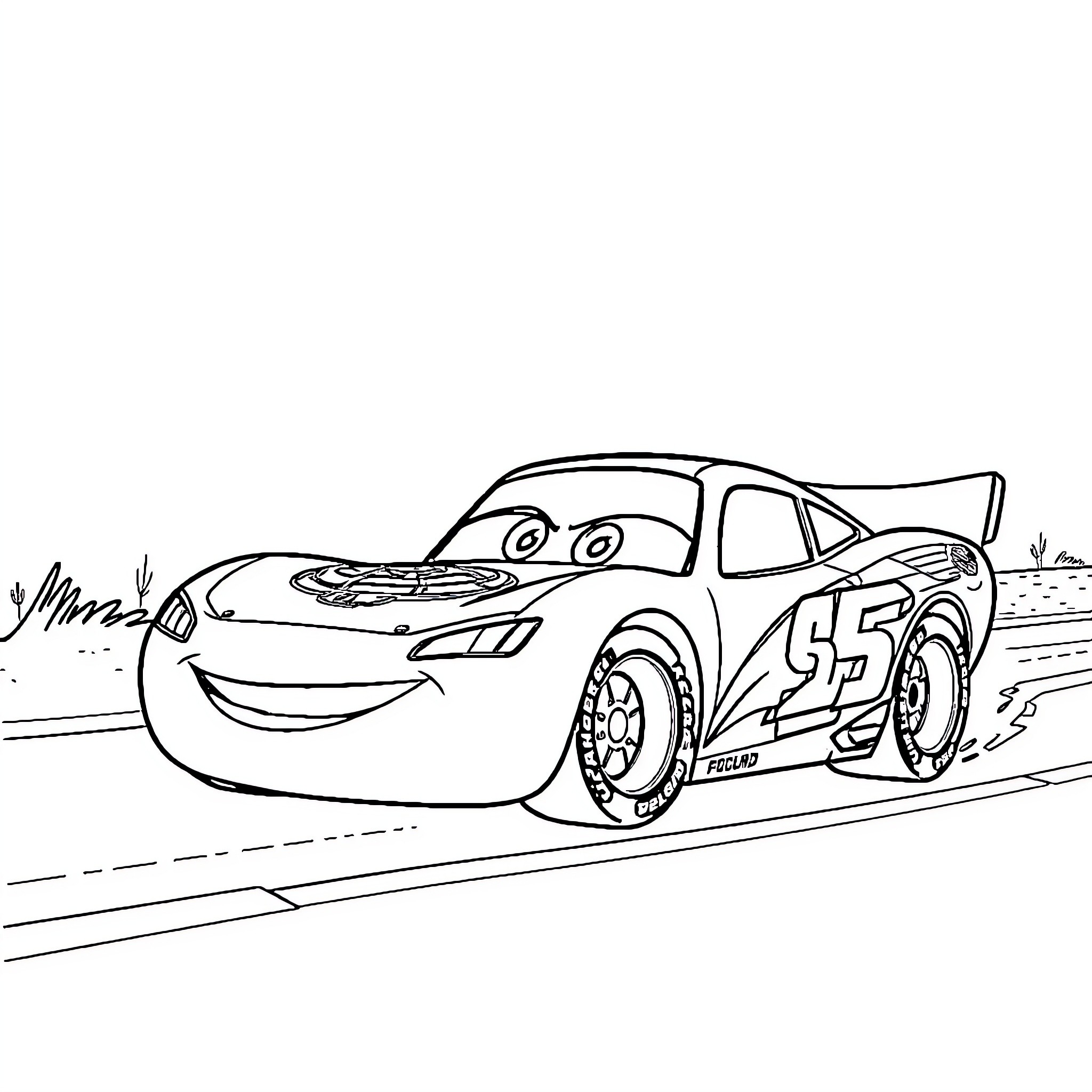 Car Racer in Animated Illustration Coloring Page (free black-and-white line drawing printable PDF for all, from beginners to advanced learners, including children, teens, adults, and seniors)