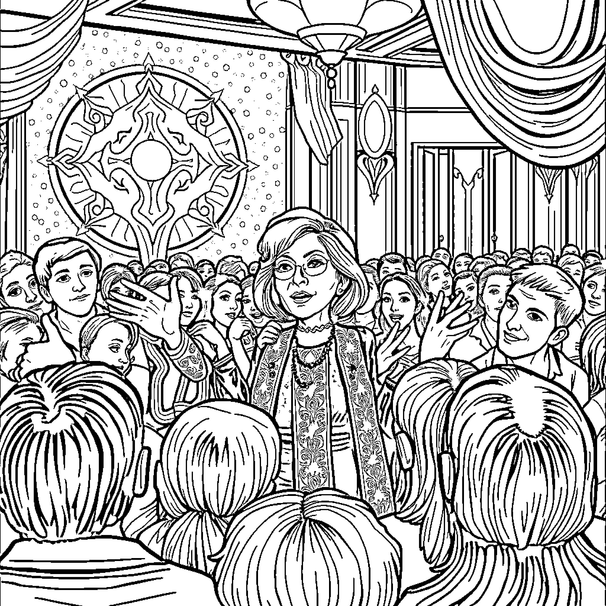 Sylvia Browne's Captivating Audience in an Ornate Setting Coloring Page (free black-and-white line drawing printable PDF for all, from beginners to advanced learners, including children, teens, adults, and seniors)