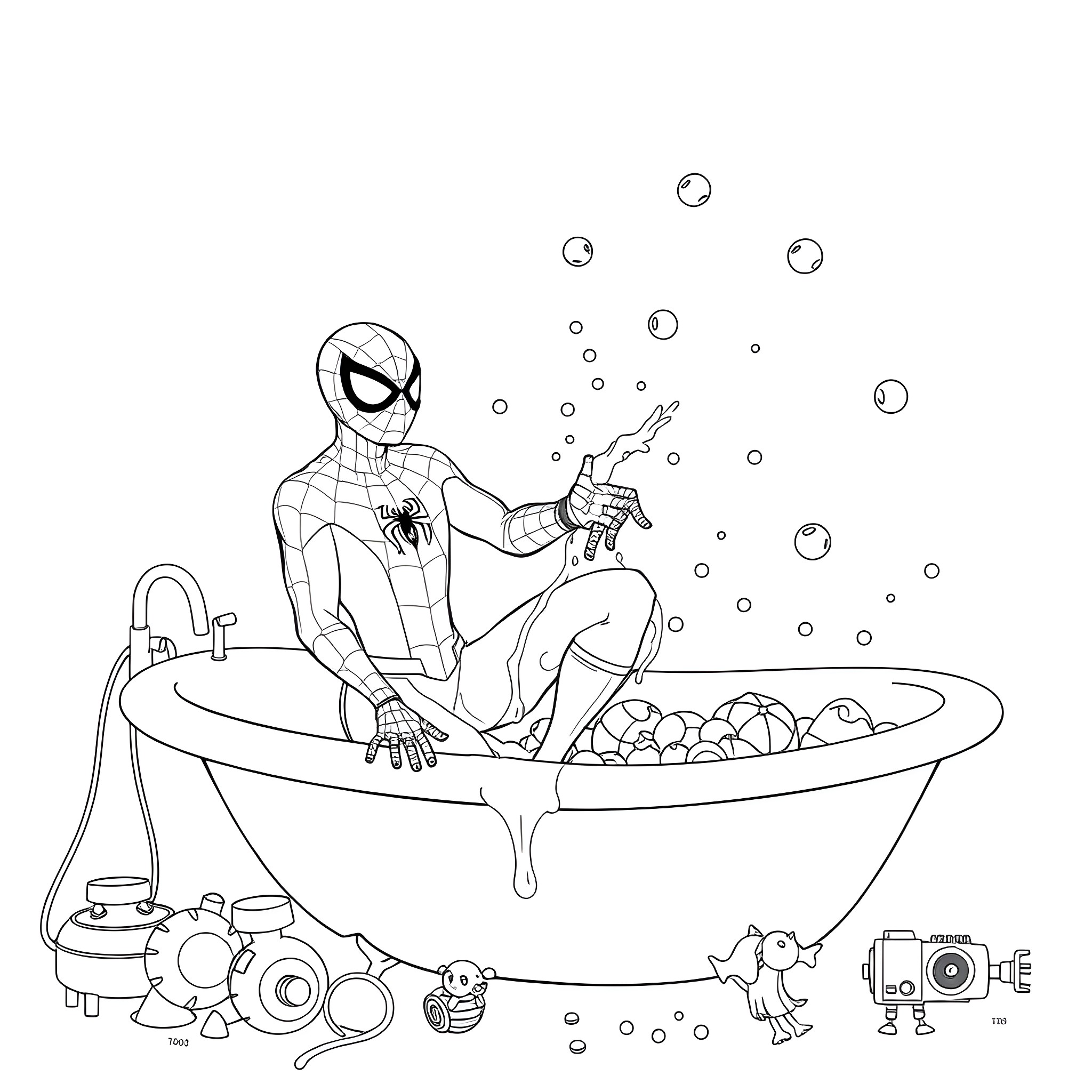 Spiderman relaxing in a bubble bath Coloring Page (free black-and-white line drawing printable PDF for all, from beginners to advanced learners, including children, teens, adults, and seniors)