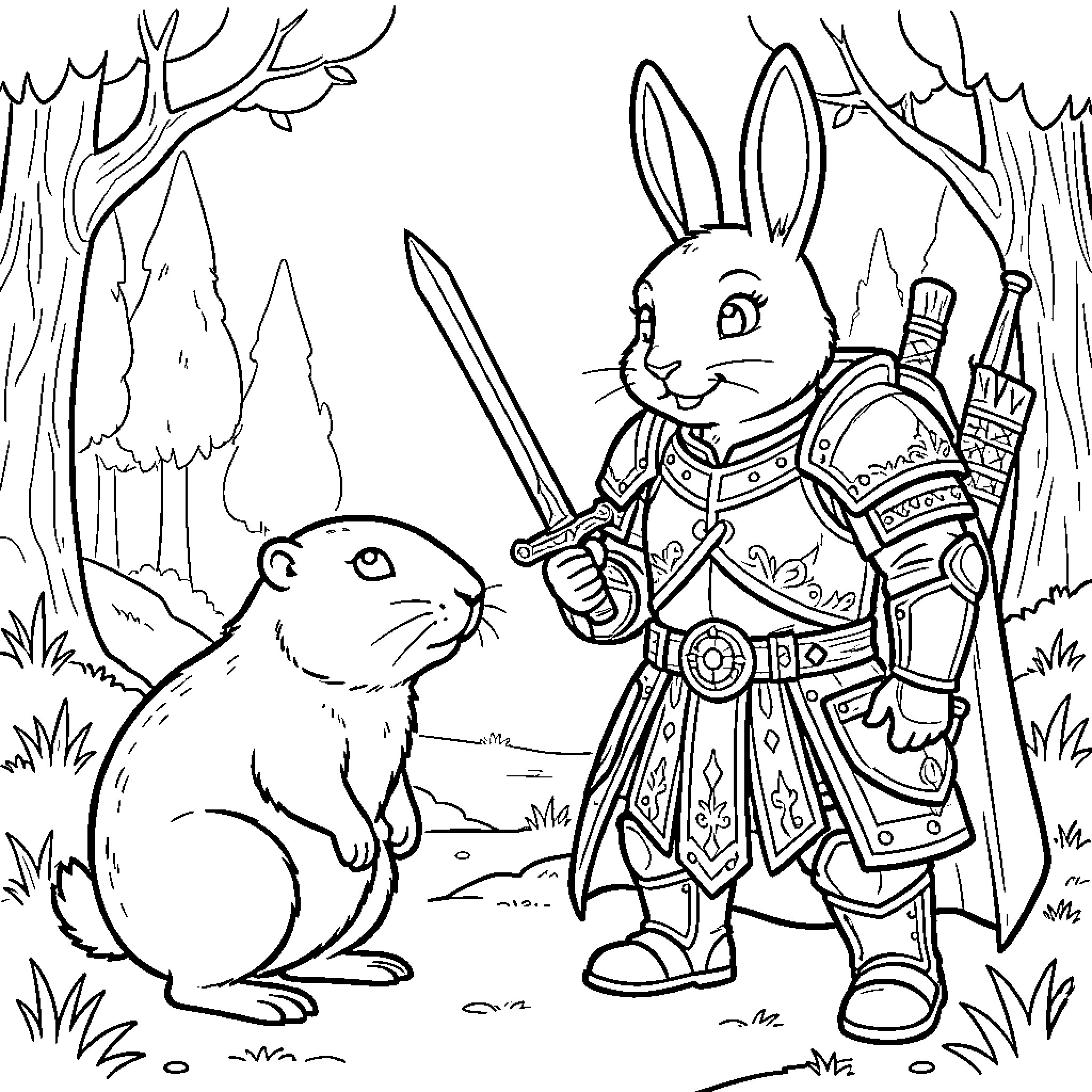 Marmot meeting a brave rabbit knight in the forest Coloring Page (free black-and-white line drawing printable PDF for all, from beginners to advanced learners, including children, teens, adults, and seniors)