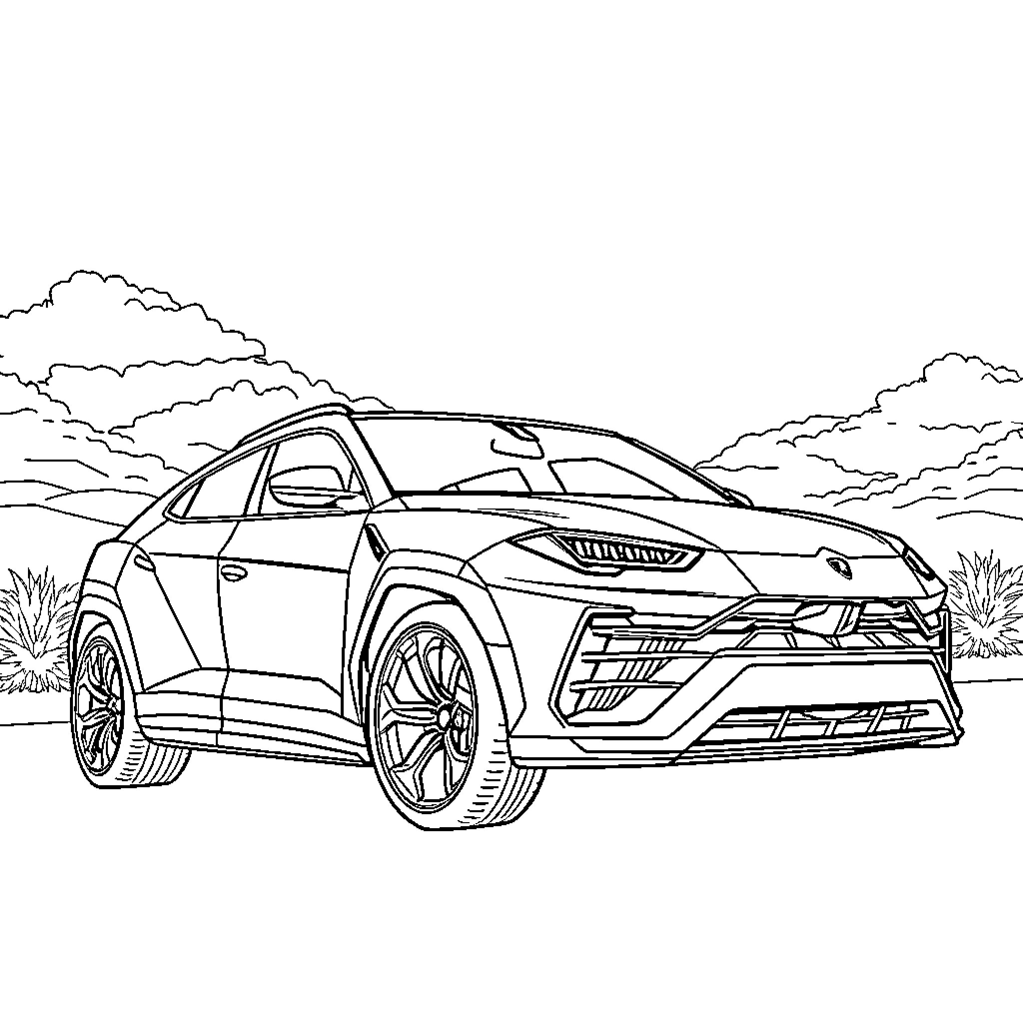 Lamborghini SUV in scenic outdoors Coloring Page (free black-and-white line drawing printable PDF for all, from beginners to advanced learners, including children, teens, adults, and seniors)