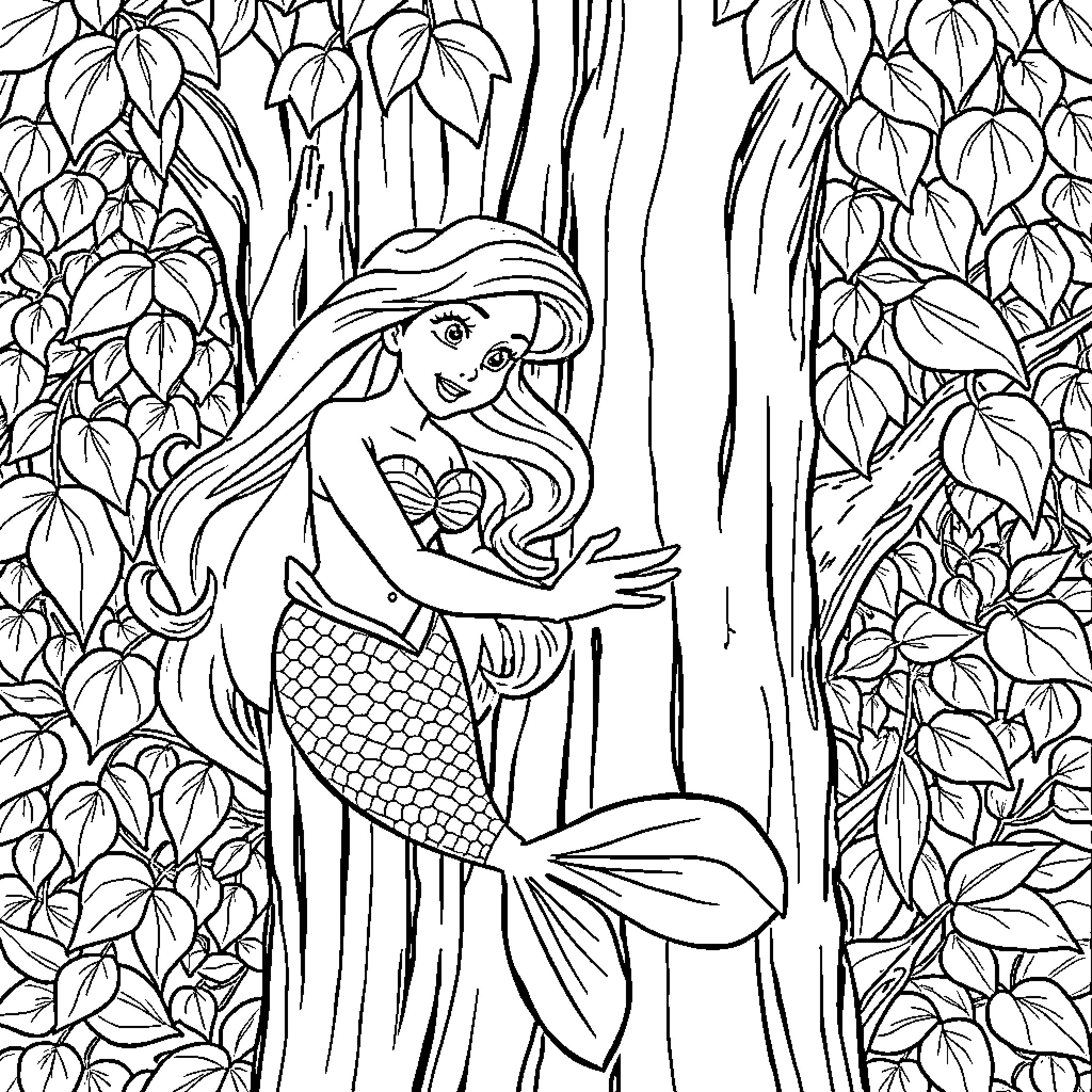 Ariel the mermaid in a lush underwater forest Coloring Page (free black-and-white line drawing printable PDF for all, from beginners to advanced learners, including children, teens, adults, and seniors)