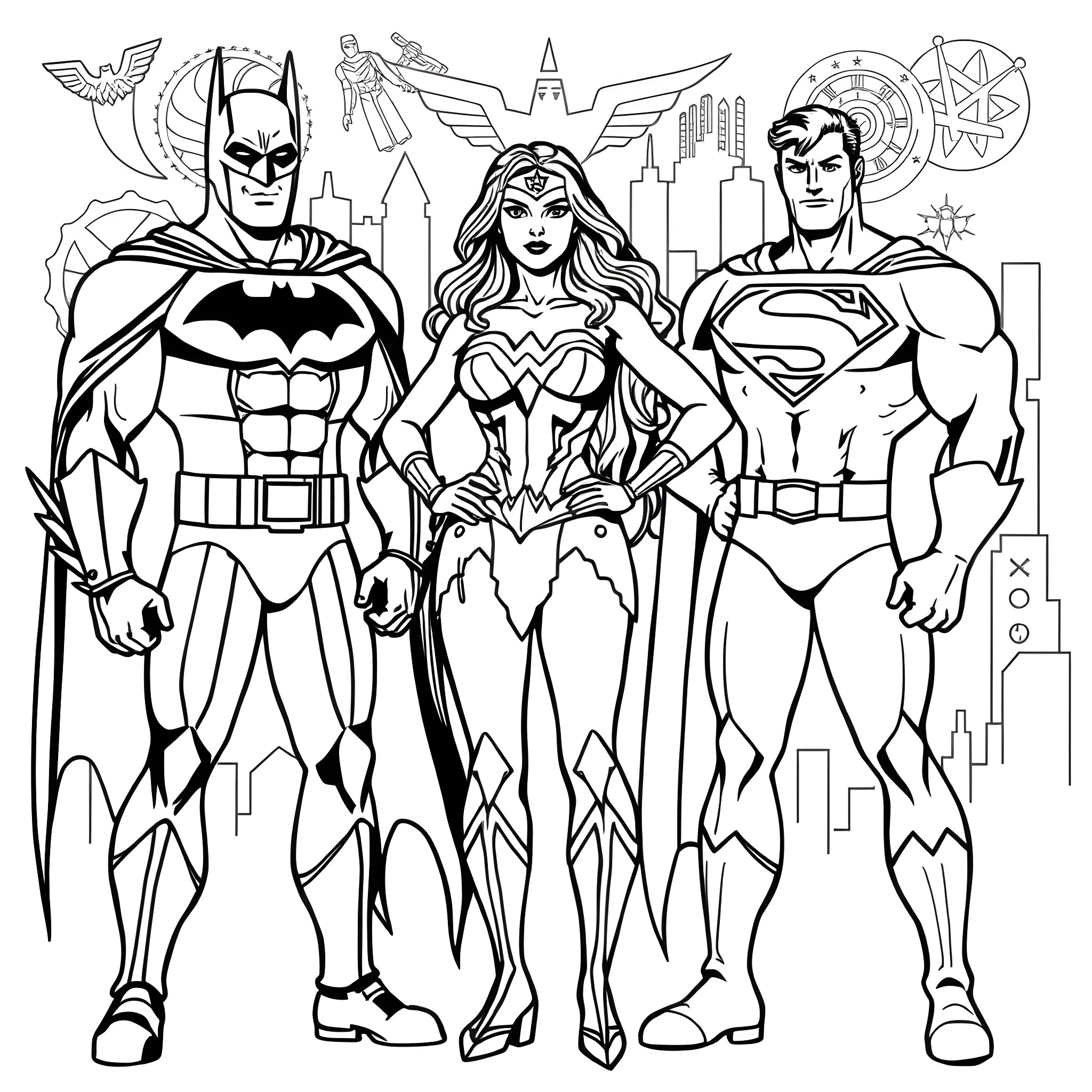 Wonder Woman, Batman, and Superman in superhero action poses Coloring Page (free black-and-white line drawing printable PDF for all, from beginners to advanced learners, including children, teens, adults, and seniors)