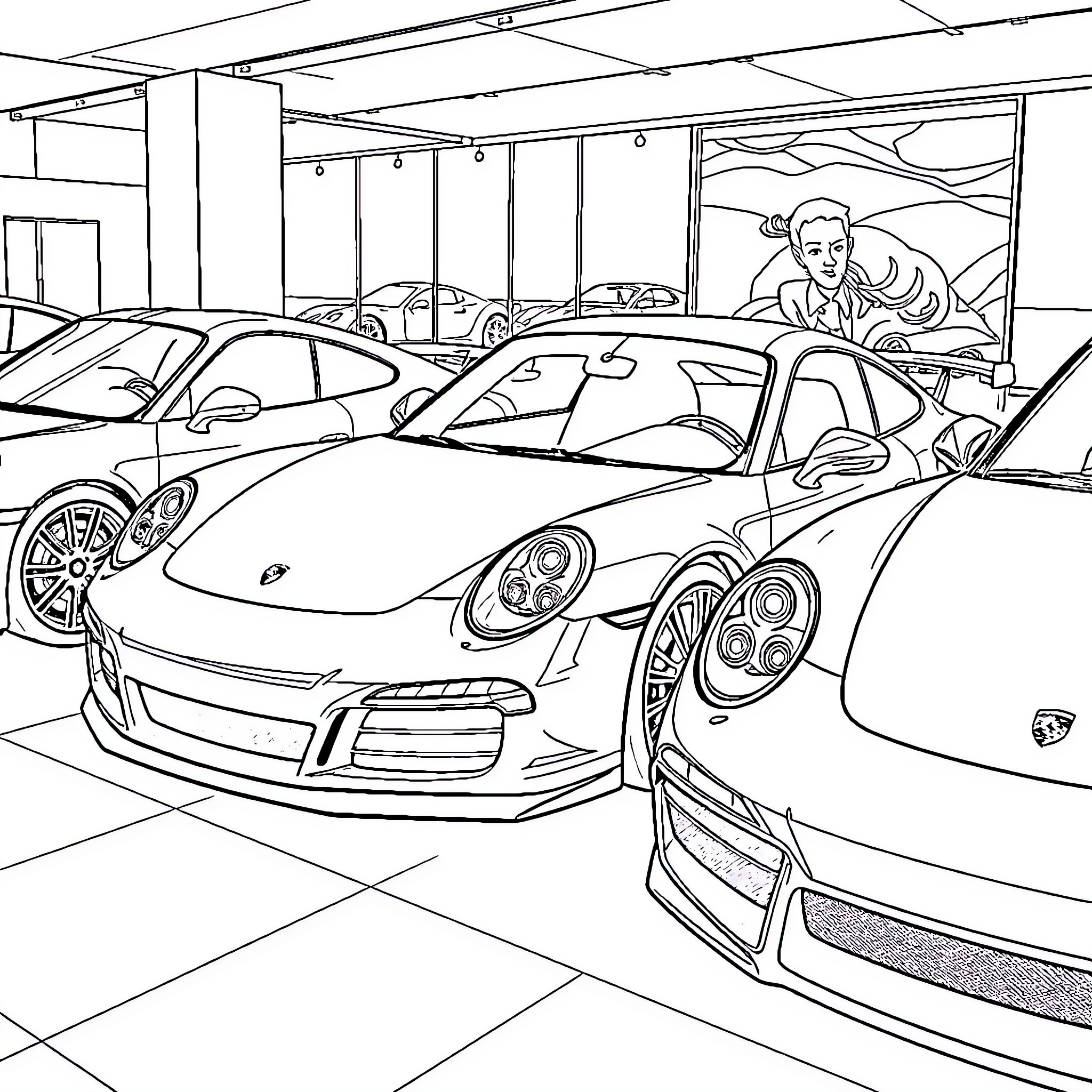 Porsche Sports Cars in Showroom Coloring Page (free black-and-white line drawing printable PDF for all, from beginners to advanced learners, including children, teens, adults, and seniors)