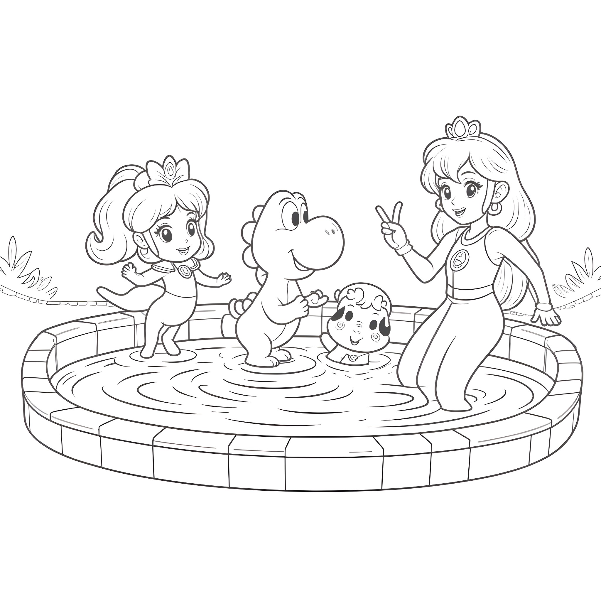 Princess and her Pets Play in the Fountain Coloring Page (free black-and-white line drawing printable PDF for all, from beginners to advanced learners, including children, teens, adults, and seniors)