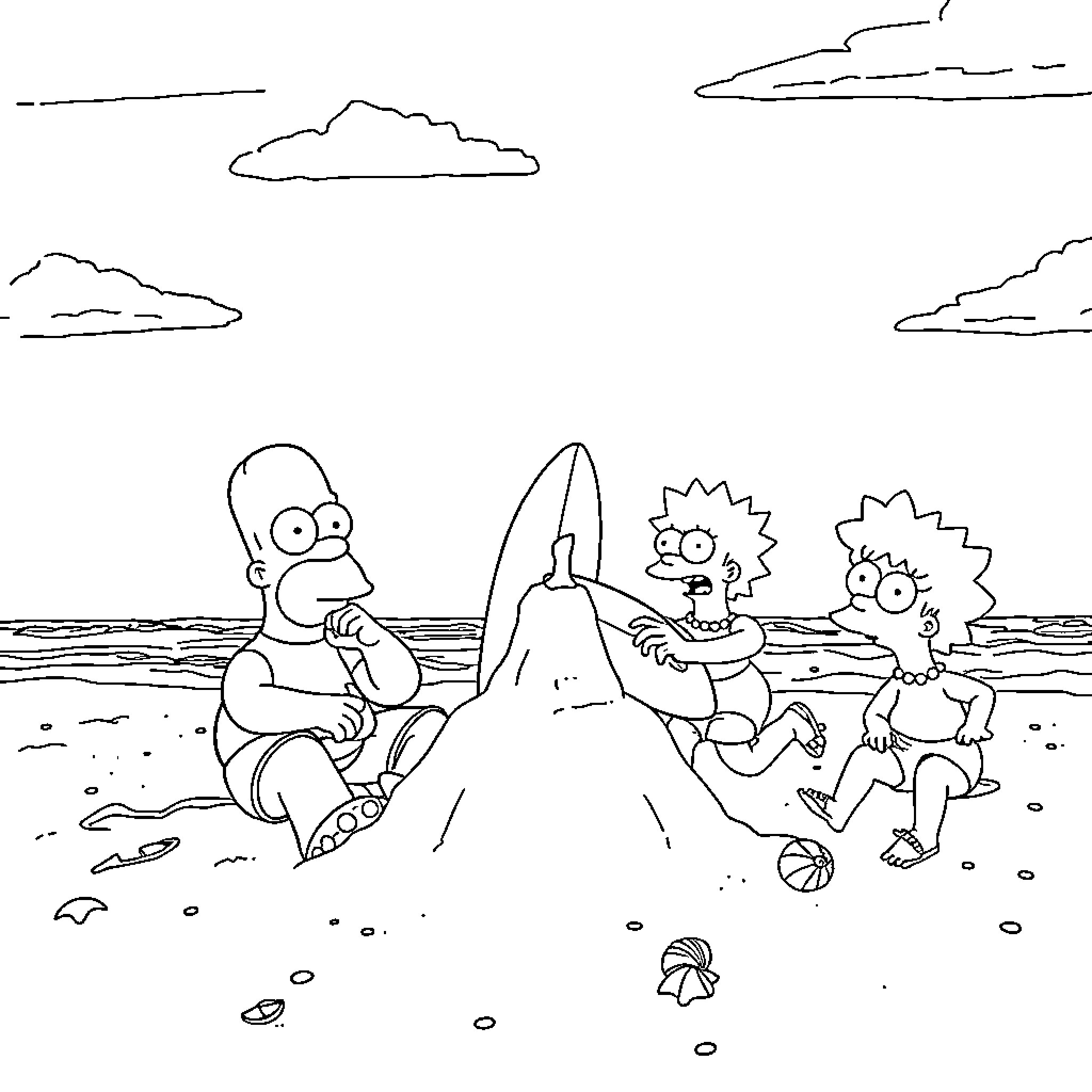 Simpson family relaxing on the beach Coloring Page (free black-and-white line drawing printable PDF for all, from beginners to advanced learners, including children, teens, adults, and seniors)