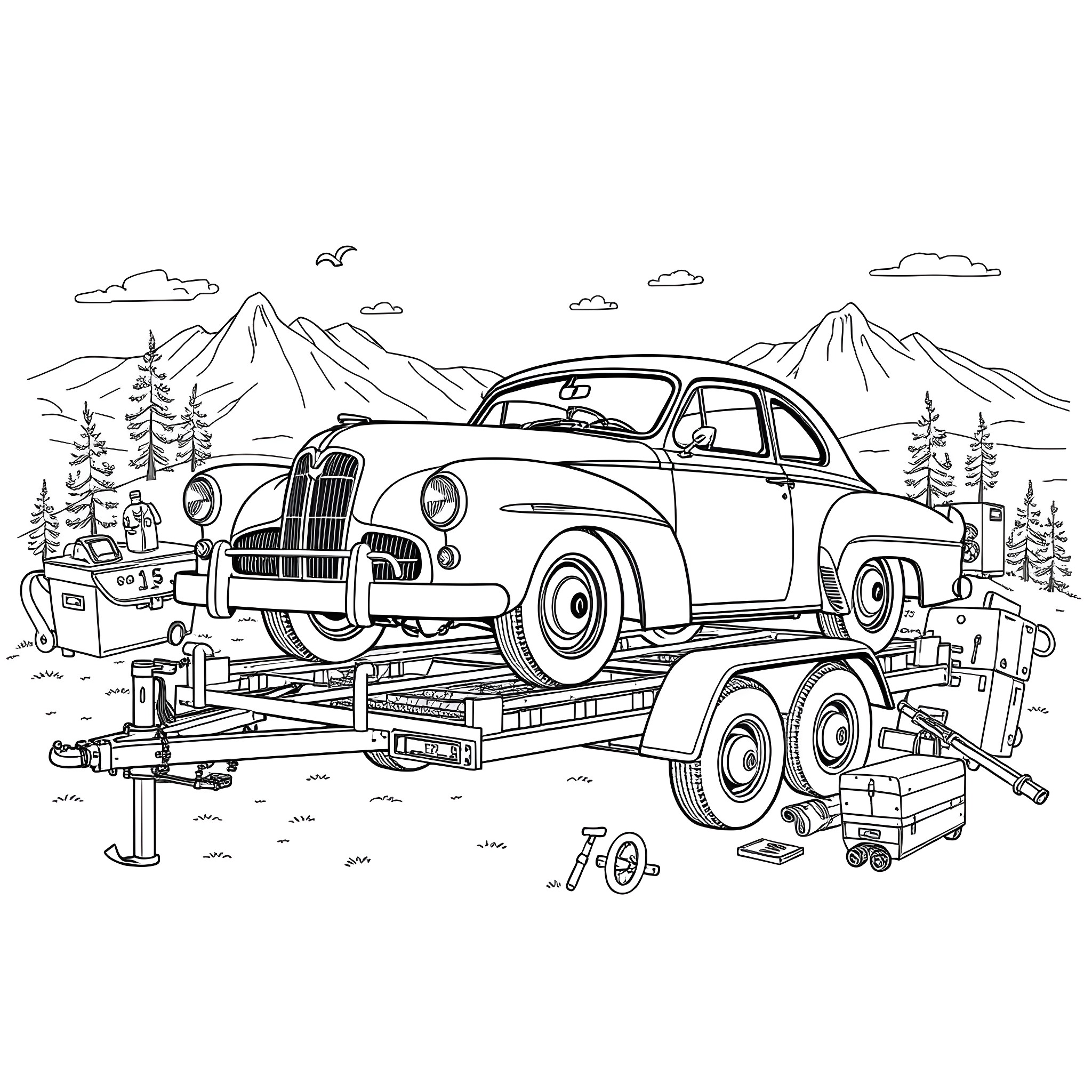 Car being transported on a trailer in the mountains Coloring Page (free black-and-white line drawing printable PDF for all, from beginners to advanced learners, including children, teens, adults, and seniors)