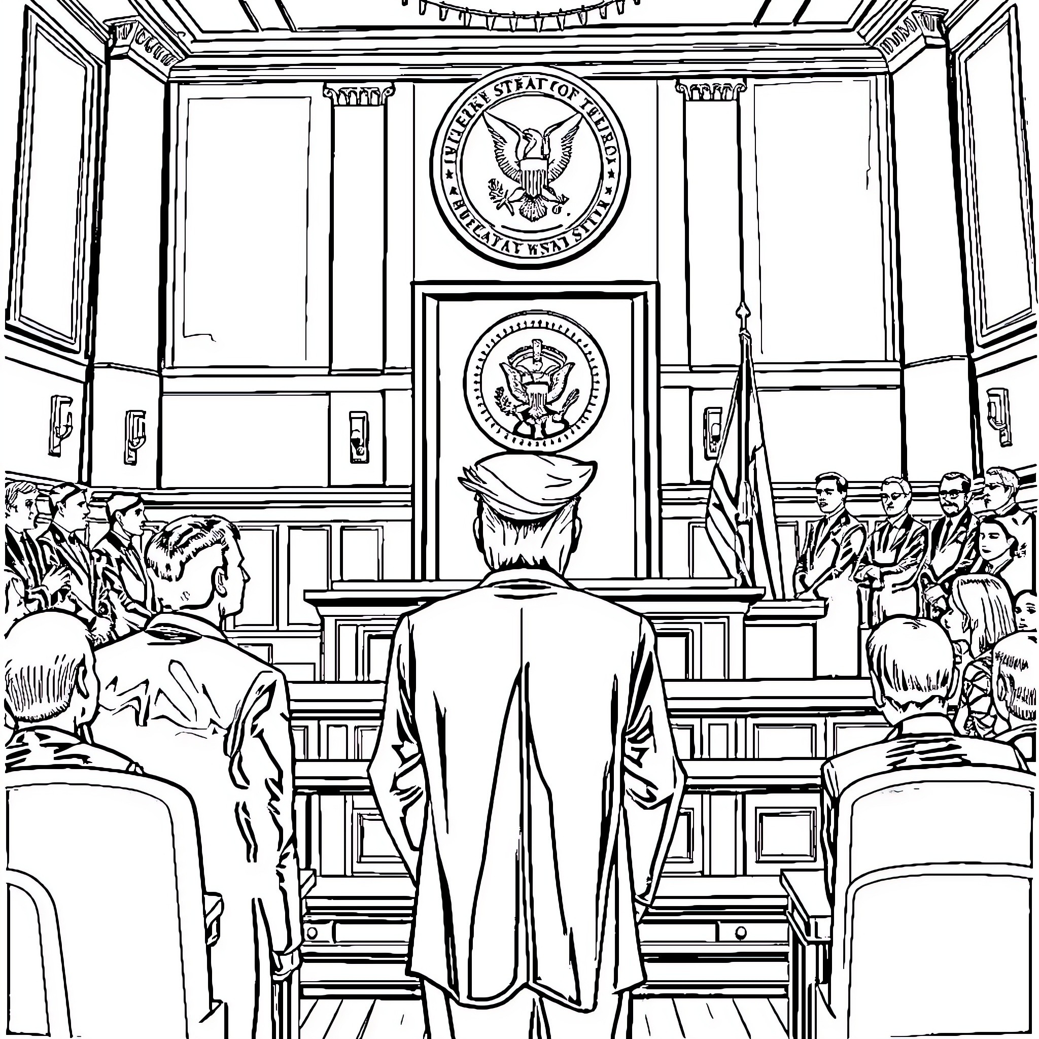 Donald Trump in court proceedings Coloring Page (free black-and-white line drawing printable PDF for all, from beginners to advanced learners, including children, teens, adults, and seniors)