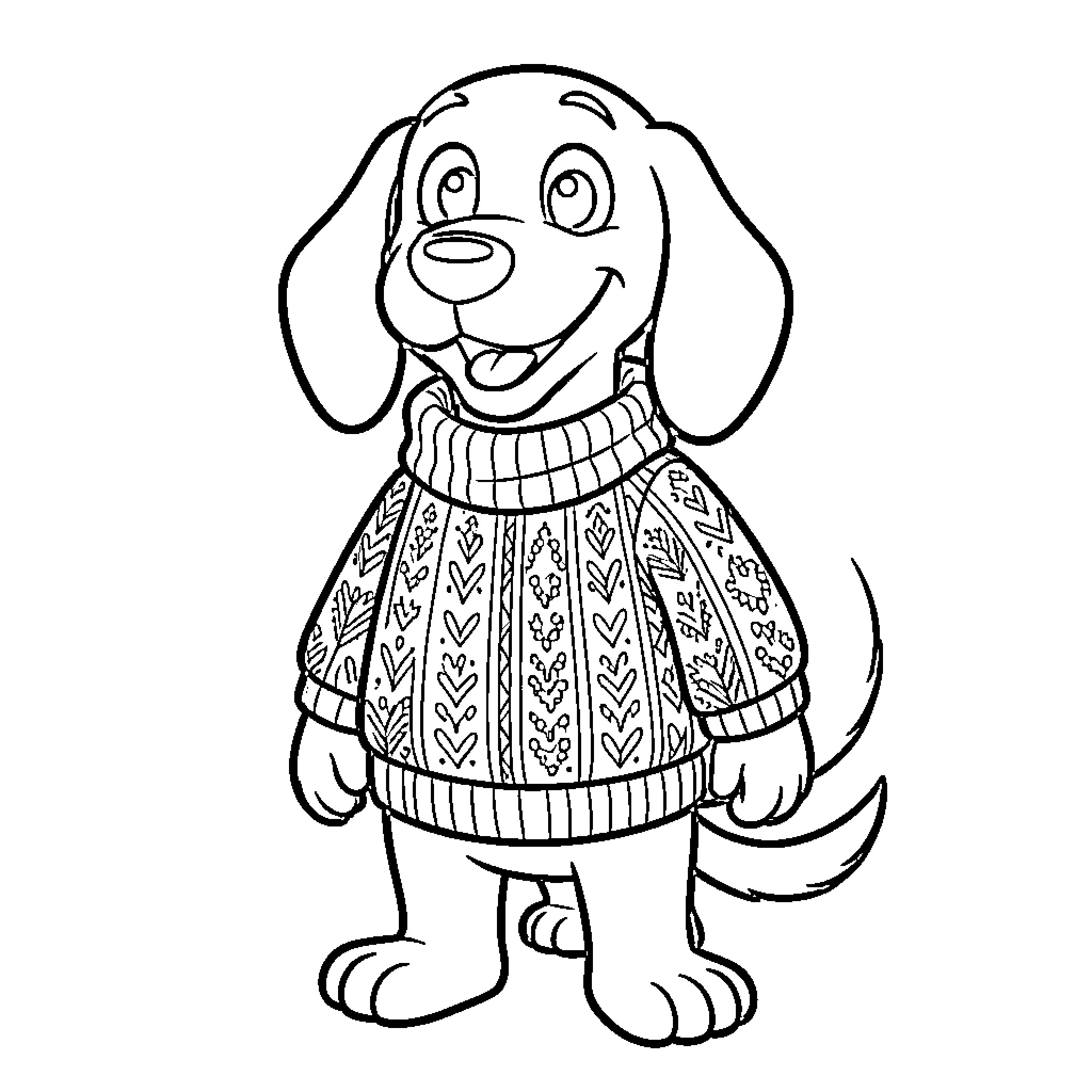 Pluto wearing a patterned sweater and smiling happily Coloring Page (free black-and-white line drawing printable PDF for all, from beginners to advanced learners, including children, teens, adults, and seniors)