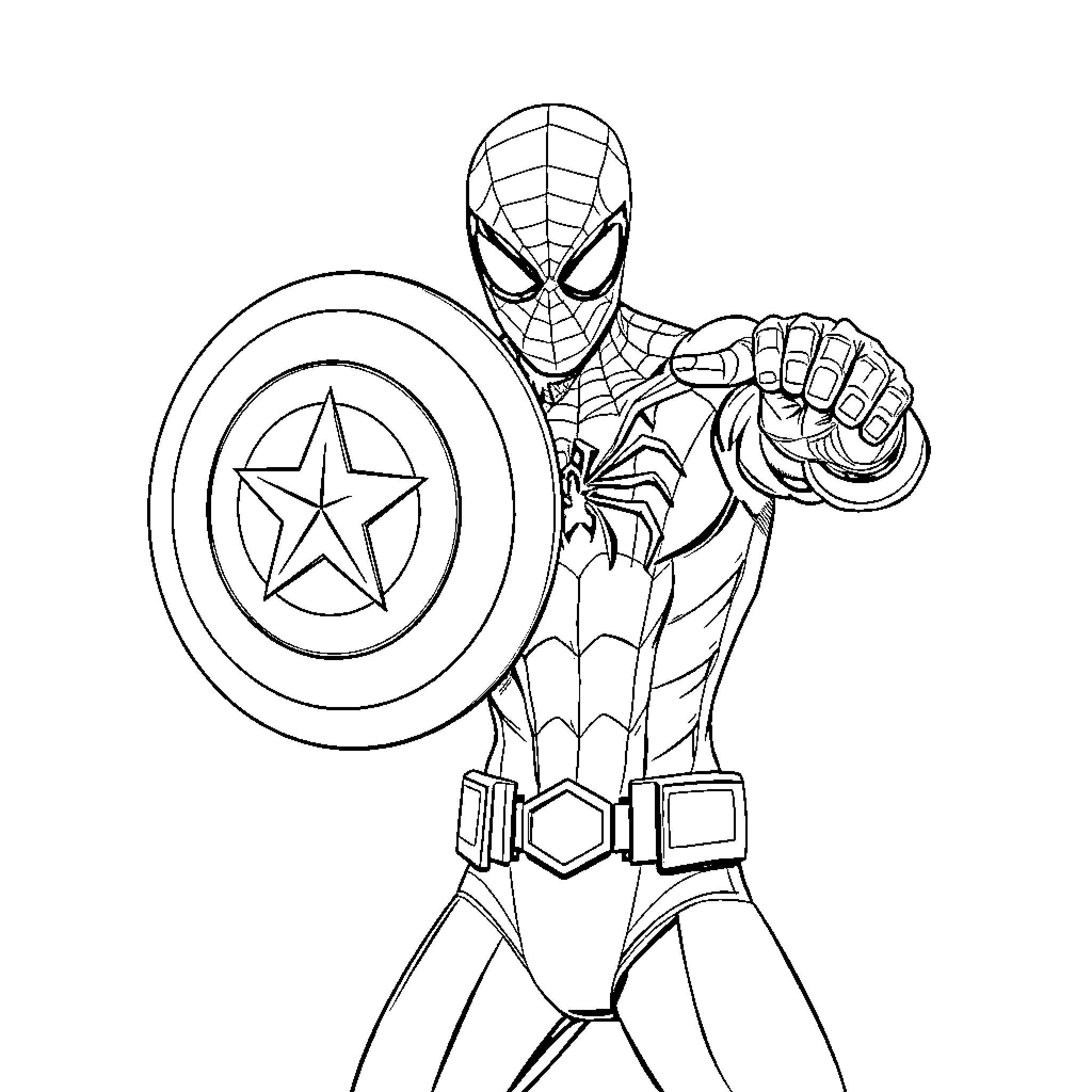 Spider-Man wielding Captain America's shield Coloring Page (free black-and-white line drawing printable PDF for all, from beginners to advanced learners, including children, teens, adults, and seniors)