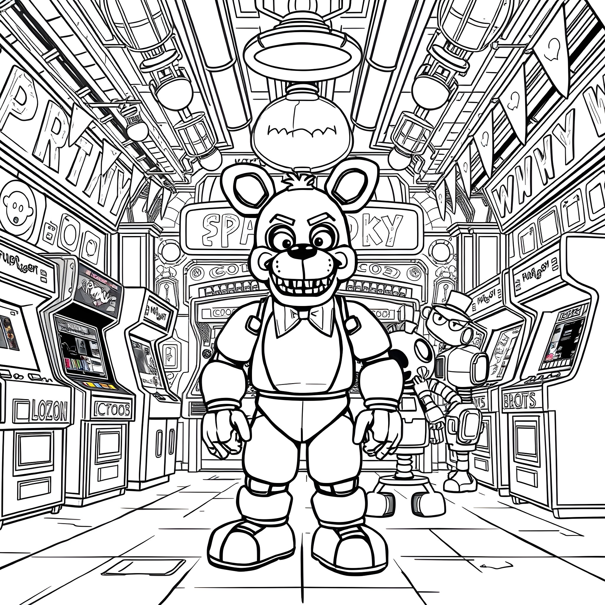 Freddy's Spooky Arcade Adventure Coloring Page (free black-and-white line drawing printable PDF for all, from beginners to advanced learners, including children, teens, adults, and seniors)