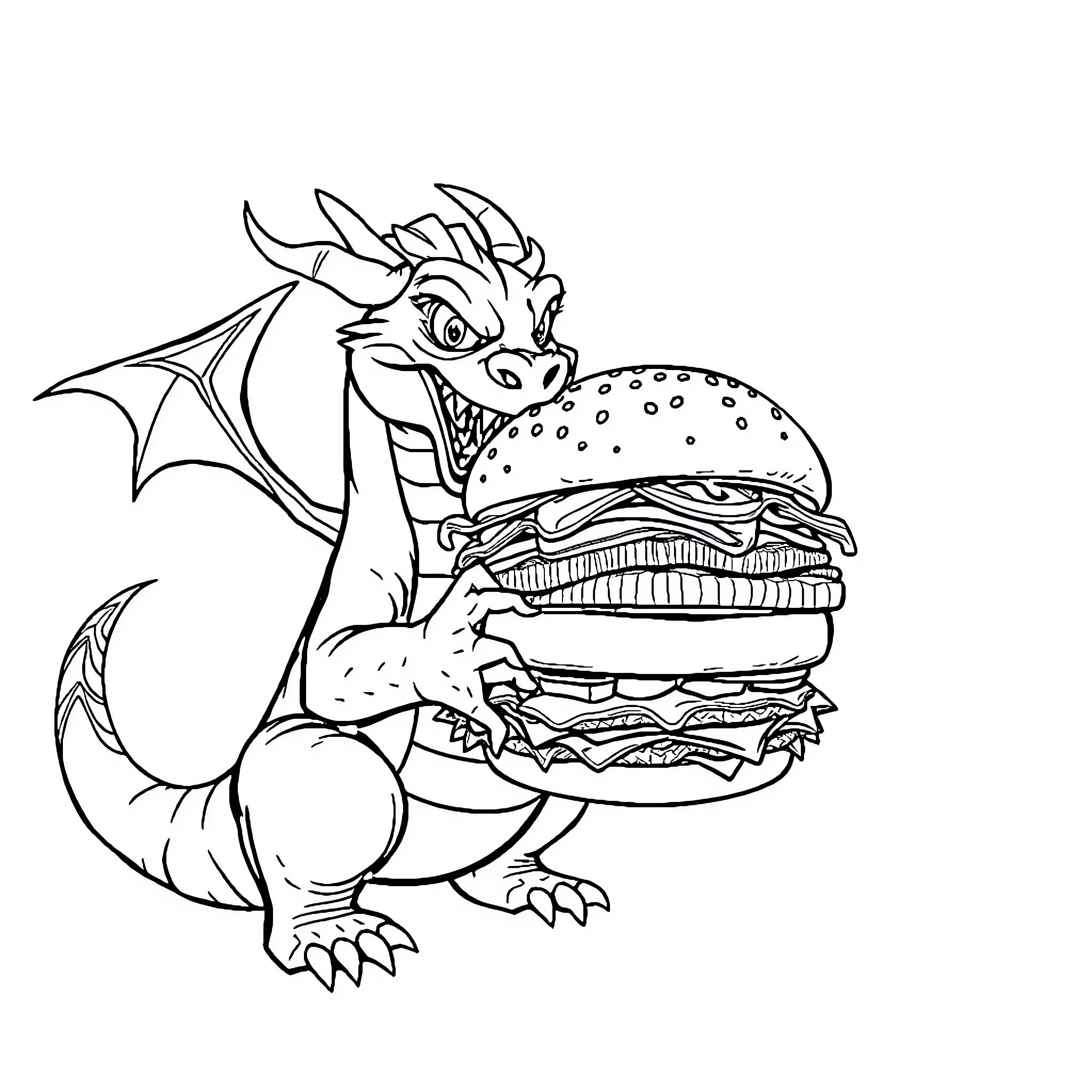 Dragon Holding a Delicious Burger Coloring Page (free black-and-white line drawing printable PDF for all, from beginners to advanced learners, including children, teens, adults, and seniors)