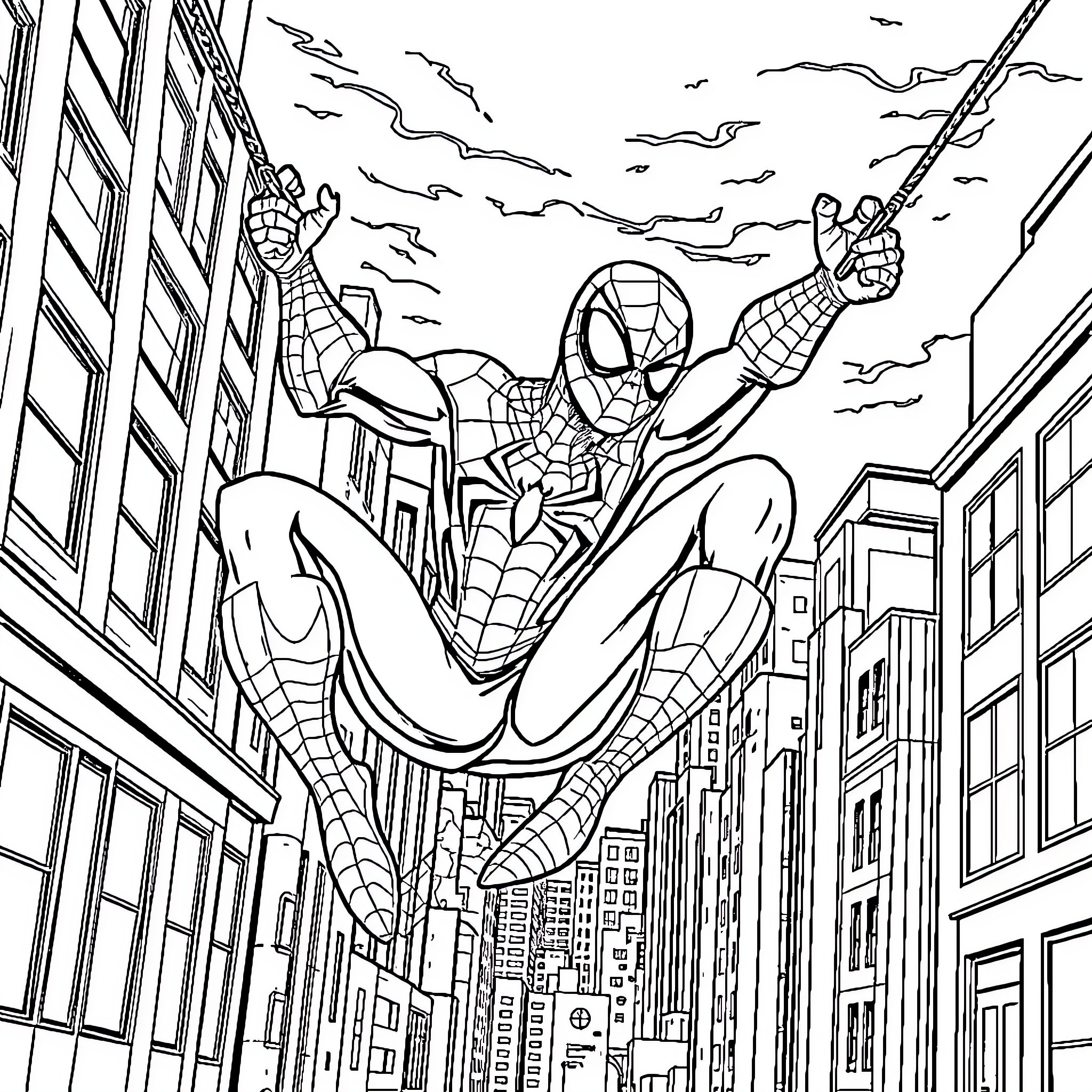 Spiderman swinging through the city skyline Coloring Page (free black-and-white line drawing printable PDF for all, from beginners to advanced learners, including children, teens, adults, and seniors)