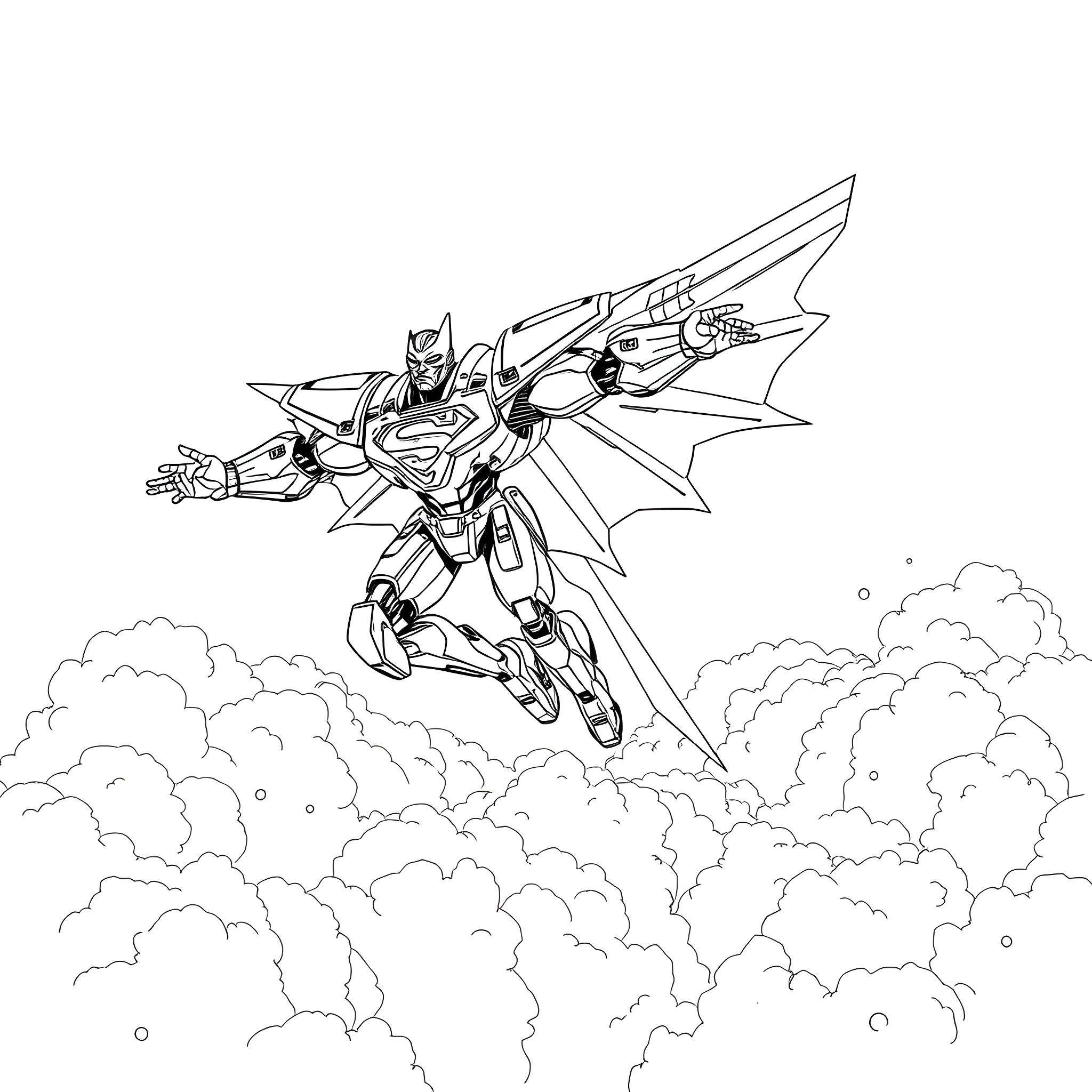 Mecha Superman soaring through the clouds Coloring Page (free black-and-white line drawing printable PDF for all, from beginners to advanced learners, including children, teens, adults, and seniors)
